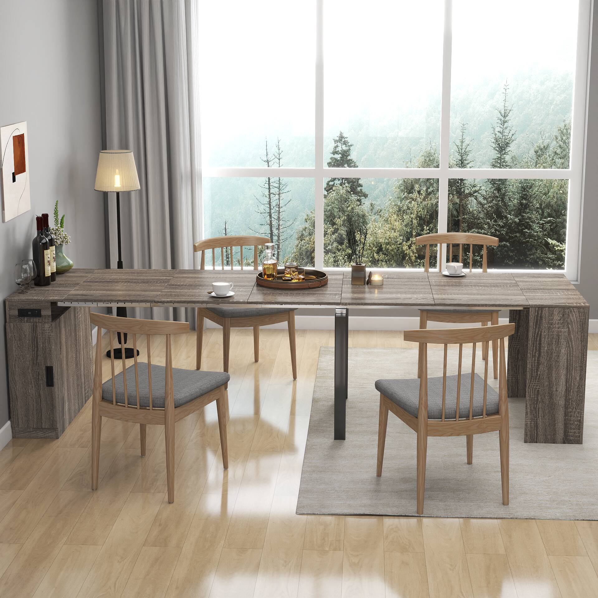 Angle. Tiramisubest - Modern Multifunctional Extendable Dining Table with Outlet, Space Saving Expanding Table with Storage, Brown - Brown.