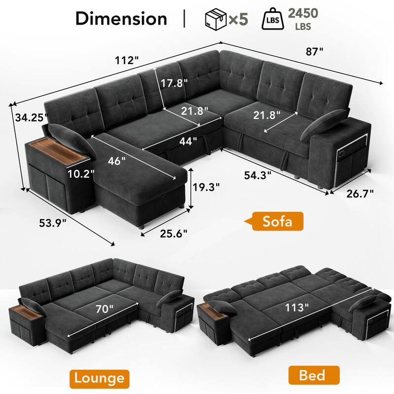Dimension | x5 2450 LBS  
112" 87" 17.8" 34.25" 21.8" 21.8" 44" 10.2" 46" 19.3" 54.3" 26.7" 53.9" 25.6"  
Sofa 70" 113"  
Lounge Bed