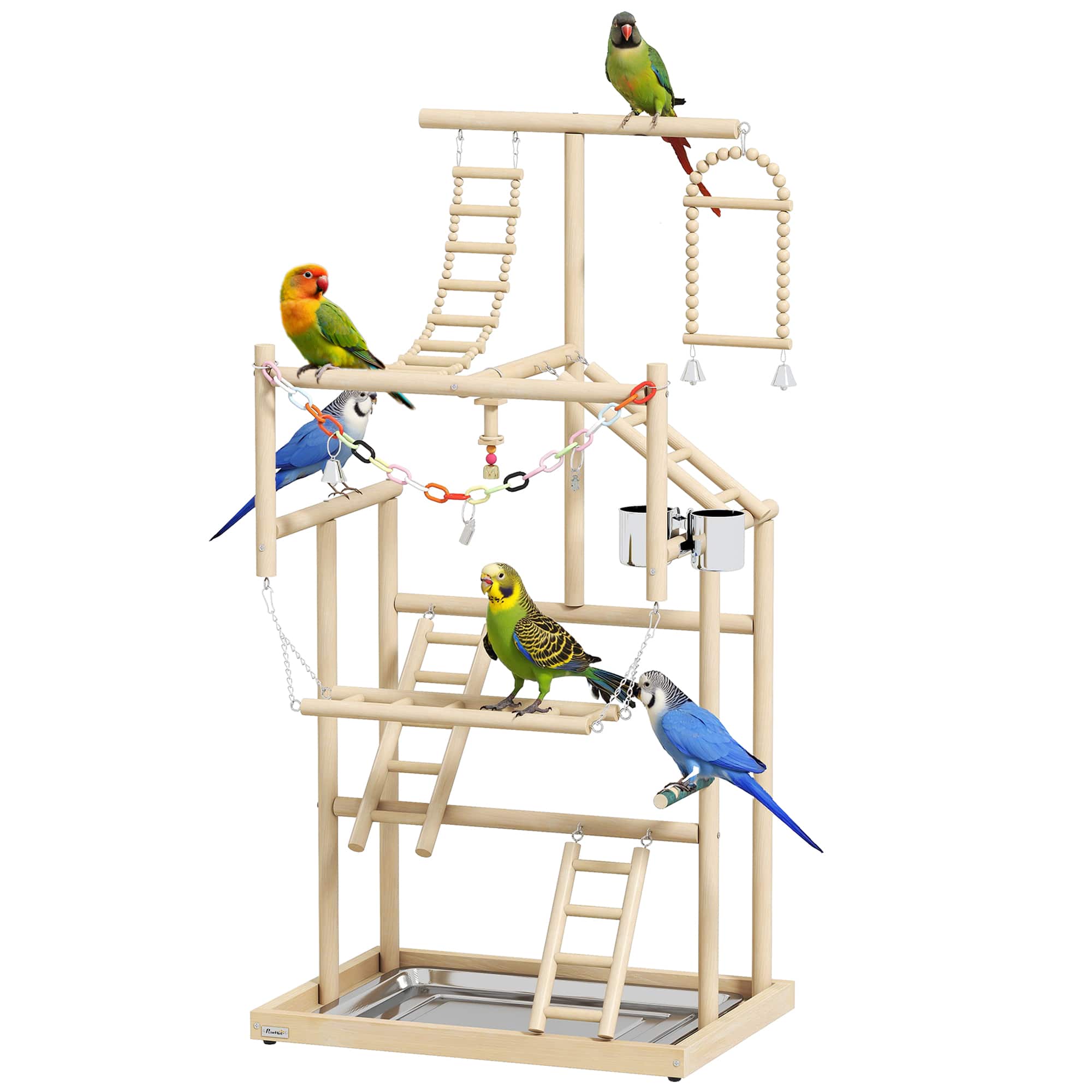 Pawhut - Playground, 4 Layer Wooden Play Stand with Ladders, Chain Toy - Natural wood