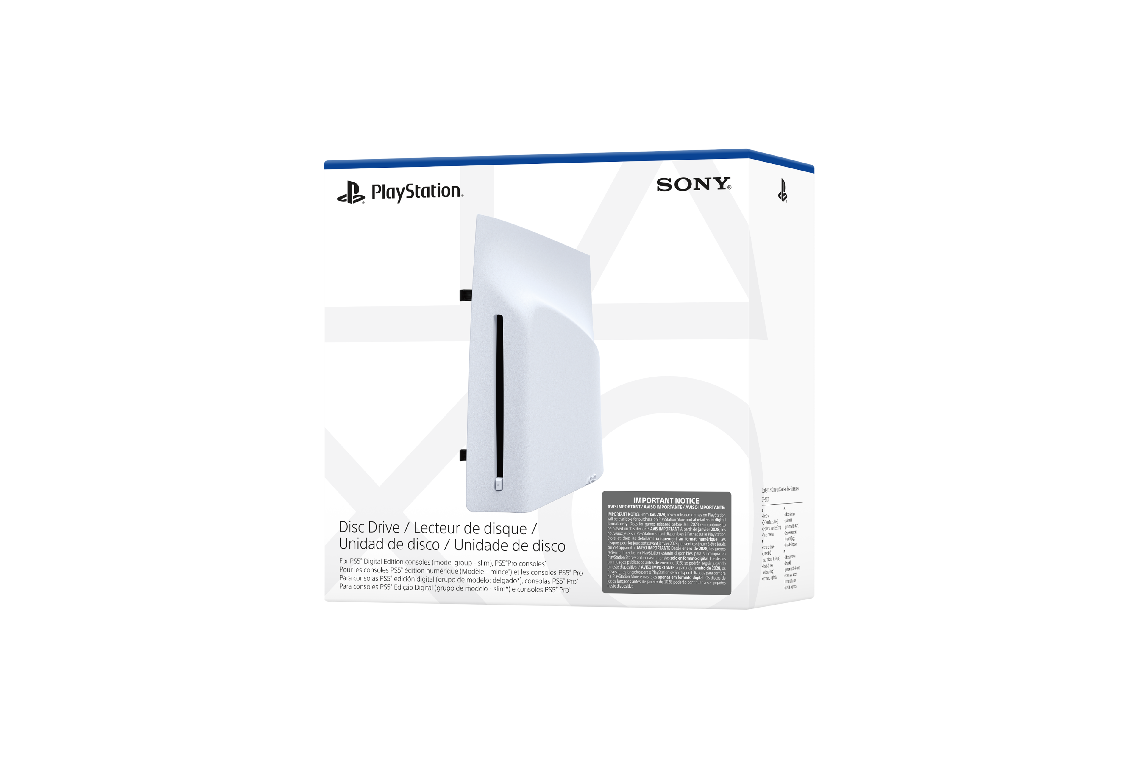PlayStation. SONY Disc Drive Lecteur de disque / Unidad de disco / Unidade de disco For PS5 Digital Edition consoles (model group - slim, PS5 Pro group consoles) Pour les consoles PS5 édition numérique (groupe de modèle "slim"), consoles PS5 Pro Para consolas PS5 edición digital (grupo de modelo "slim") consolas PS5 Pro IMPORTANT NOTICE