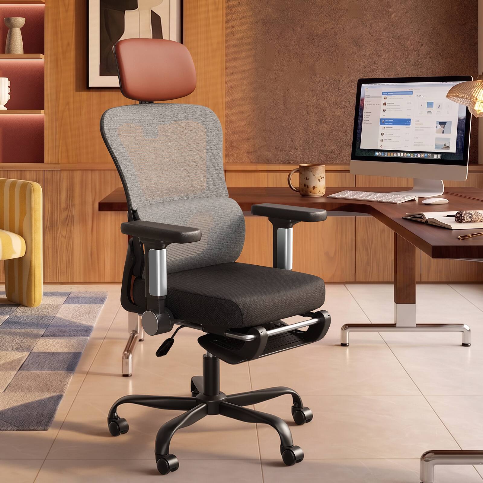 Front. Pinmoco - Ergonomic Office Chair with Headrest and Footrest, Breathable Mesh Desk Chair with Flip-Up Armrests for Home Office - Orange Black.