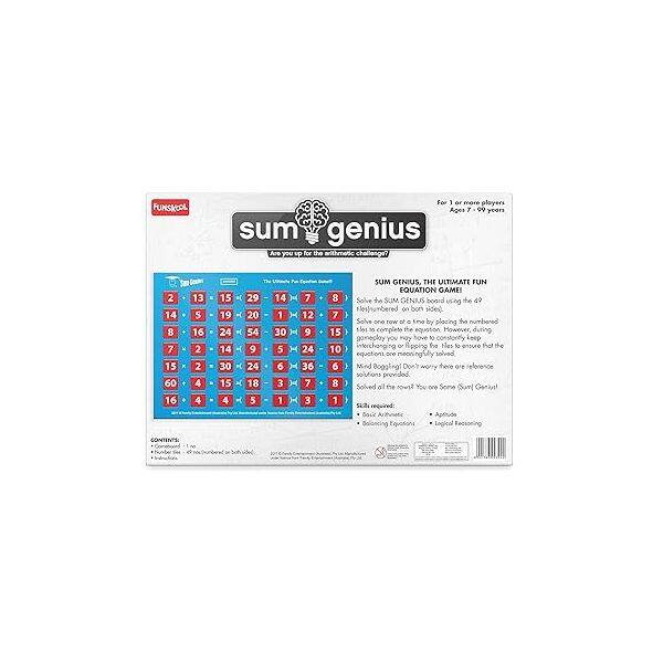 FUNSCIOL For 1 or more players Ages 7-99 years SUM GENIUS. THE ULTIMATE FUN EQUATION GAME. Solve the SUM GENIUS board using the four numbered cards. Solve one tower of numbers by placing the numbered tiles. However, during gameplay, you may have to constantly keep interchanging or rearranging the tiles to ensure that the solved equation is one meaning. Mind Boggling. Don't worry, there are reference solutions provided. Solved all the now you are a SUM GENIUS! 1 Set required. Boss Logical Reasoning. CONTENTS: Gameboard, number tiles.