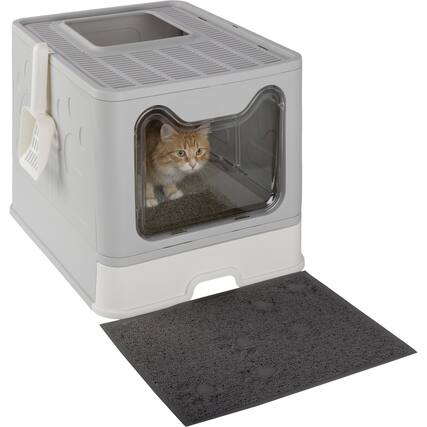 Front. PetMaker - Enclosed Cat Litter Box Foldable Litterbox with Lid, Cat Scoop, Mat, and Pull-Out Drawer for Easy Cleaning Pet Supplies - Gray and White.