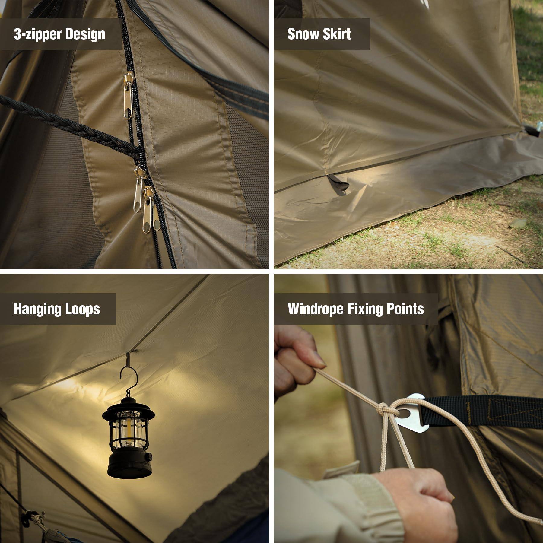 - 3-zipper Design
- Snow Skirt
- Hanging Loops
- Windrope Fixing Points