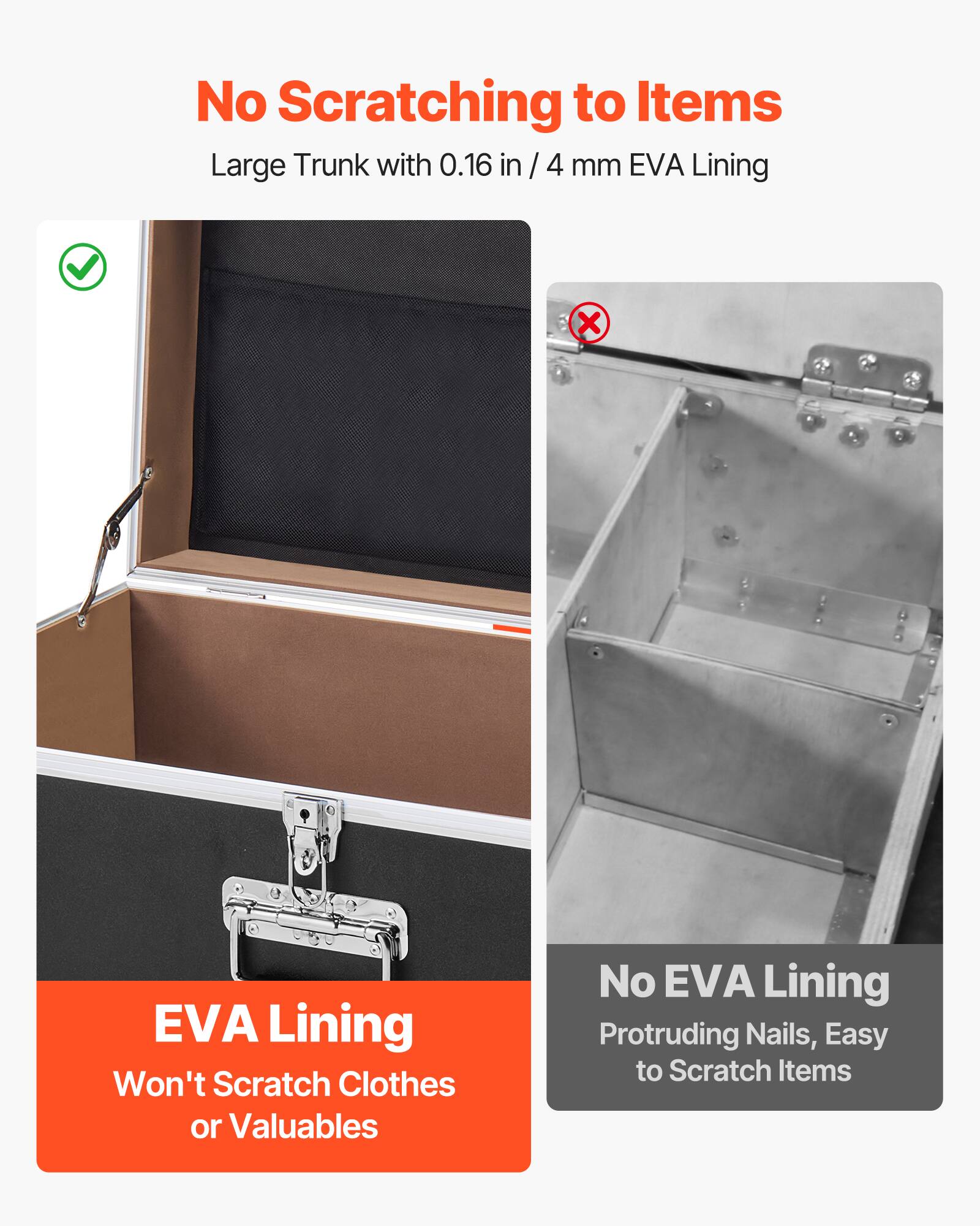 No Scratching to Items  
Large Trunk with 0.16 in / 4 mm EVA Lining  

EVA Lining  
Won't Scratch Clothes or Valuables  

No EVA Lining  
Protruding Nails, Easy to Scratch Items