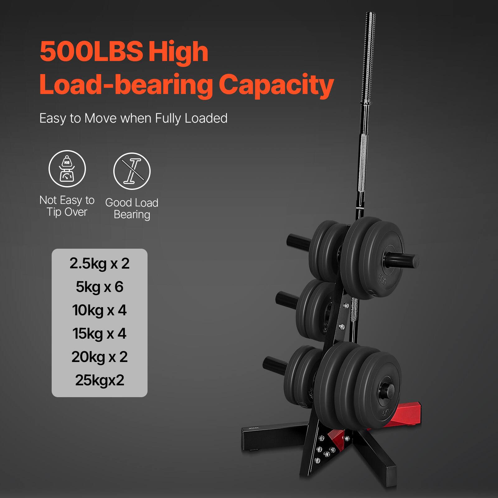 500LBS High Load-bearing Capacity

Easy to Move when Fully Loaded

Not Easy to Tip Over

Good Load Bearing

2.5kg x 2  
5kg x 6  
10kg x 4  
15kg x 4  
20kg x 2  
25kg x 2