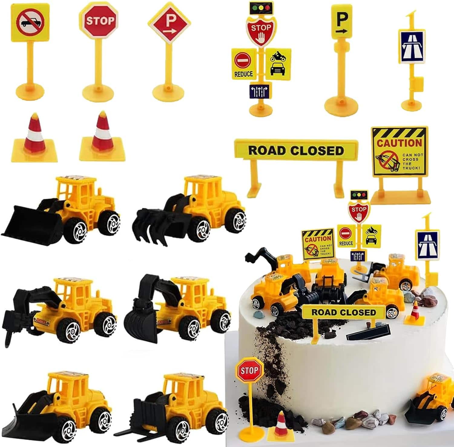 Auledio - Mini Construction Vehicles Cake Topper 16pcs Truck Excavator Traffic Road Sign Cake Cupcake Topper Construction for Boys