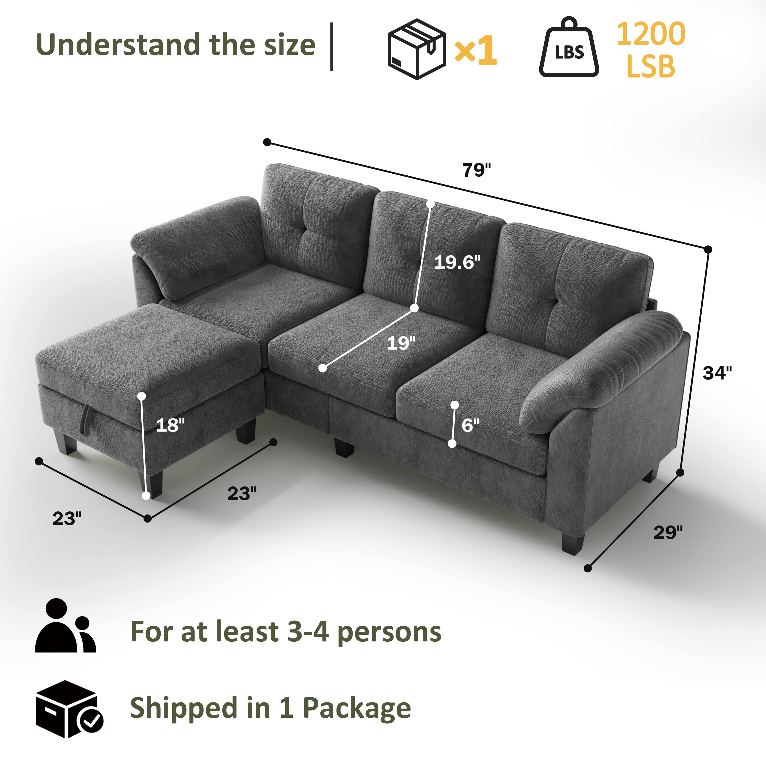 Understand the size  
x1  
1200 LBS  
79"  
19.6"  
19"  
34"  
18"  
6"  
23"  
23"  
29"  
For at least 3-4 persons  
Shipped in 1 Package