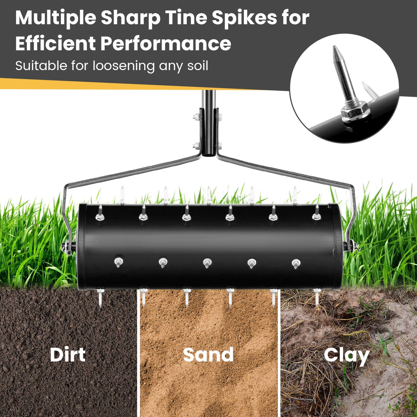 Multiple Sharp Tine Spikes for Efficient Performance Suitable for loosening any soil Dirt Sand Clay