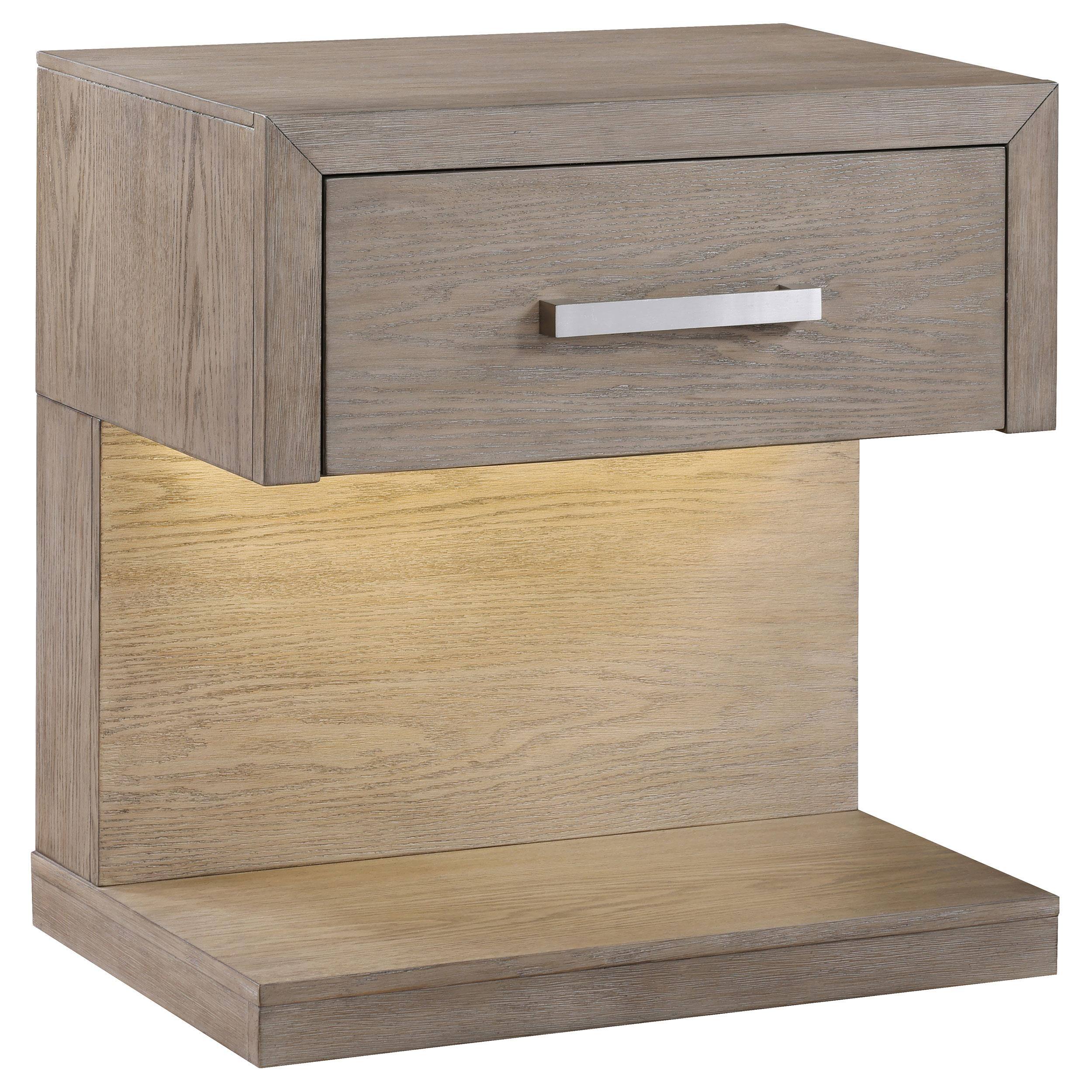Front. Manhattan Lane - Keno Nightstand, 27 Inch Acacia Wood, Storage Drawer, LED Light - Barley Brown, Chrome.