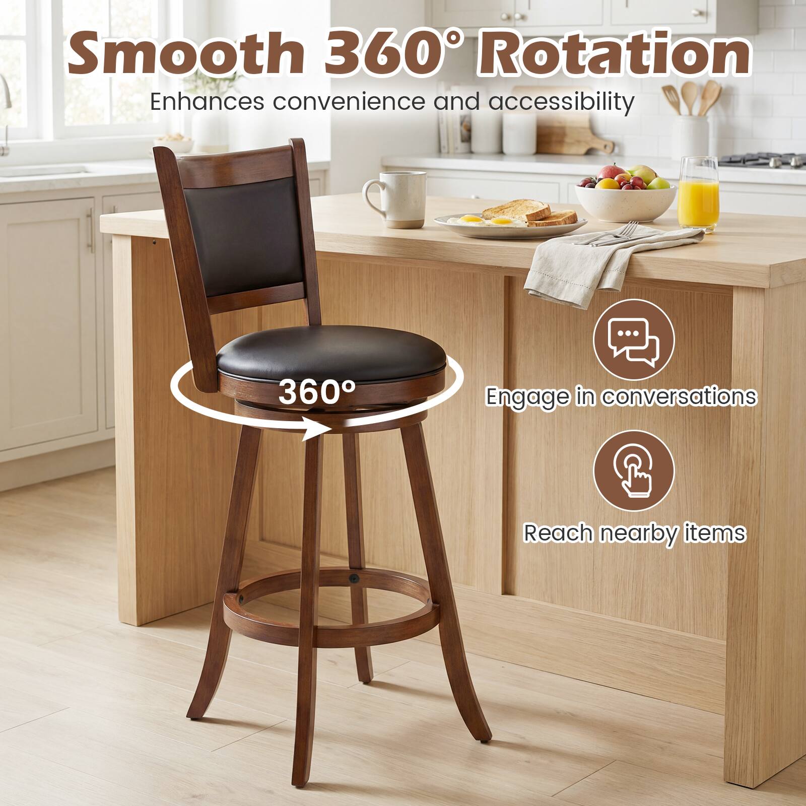 Smooth 360° Rotation  
Enhances convenience and accessibility  

360°  
Engage in conversations  
Reach nearby items