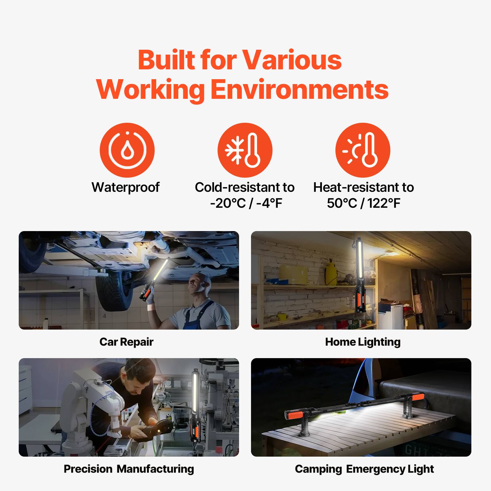 Built for Various Working Environments

- Waterproof
- Cold-resistant to -20°C / -4°F
- Heat-resistant to 50°C / 122°F

- Car Repair
- Home Lighting
- Precision Manufacturing
- Camping Emergency Light
