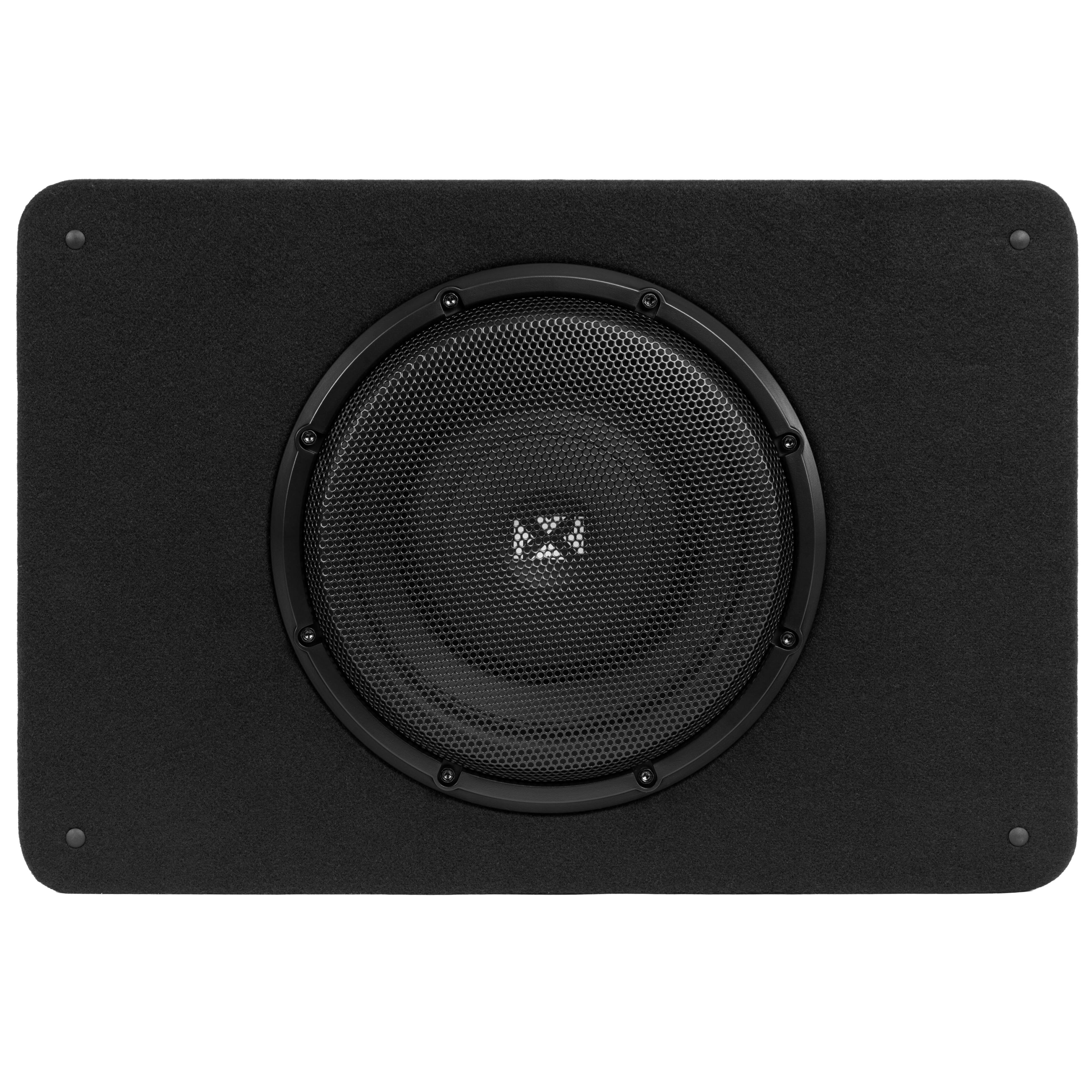Angle. NVX - BXSQ110 1200W Peak (600W RMS) Sealed 2-Ohm Loaded Enclosure with Single 10in SQ-Series Shallow-Mount Subwoofer.