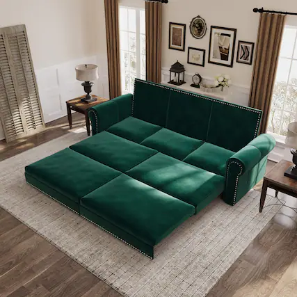 Front. LOVMOR - Chesterfield Sofa937 King Pull Out Sofa Bed3in1 Velvet Convertible Sleeper Sofa with Nailhead Trim Rolled - Green.