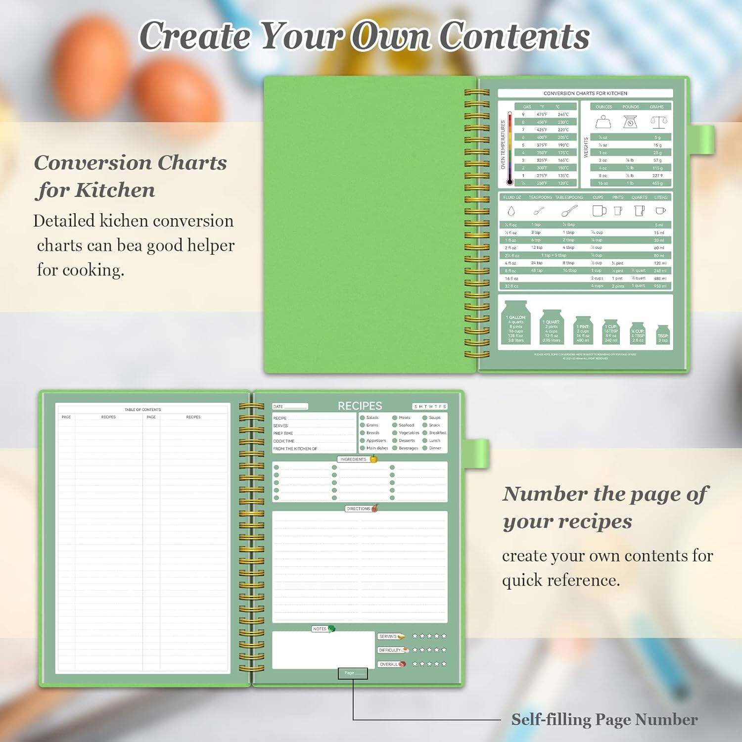 Create Your Own Contents

Conversion Charts for Kitchen  
Detailed kitchen conversion charts can be a good helper for cooking.

Number the page of your recipes  
create your own contents for quick reference.

Self-filling Page Number
