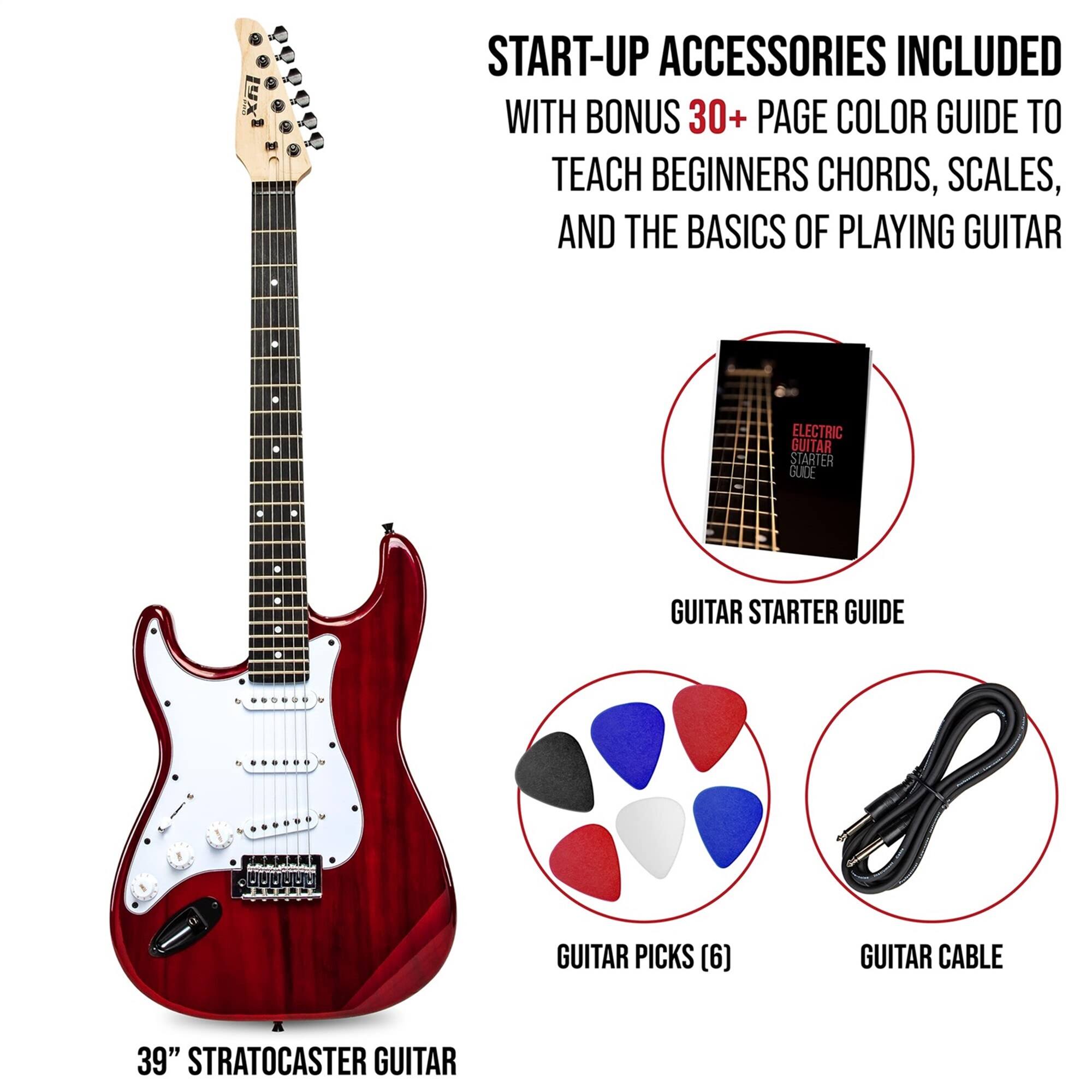START-UP ACCESSORIES INCLUDED WITH BONUS 30+ PAGE COLOR GUIDE TO TEACH BEGINNERS CHORDS, SCALES, AND THE BASICS OF PLAYING GUITAR

- 39" STRATOCASTER GUITAR
- GUITAR STARTER GUIDE
- GUITAR PICKS (6)
- GUITAR CABLE