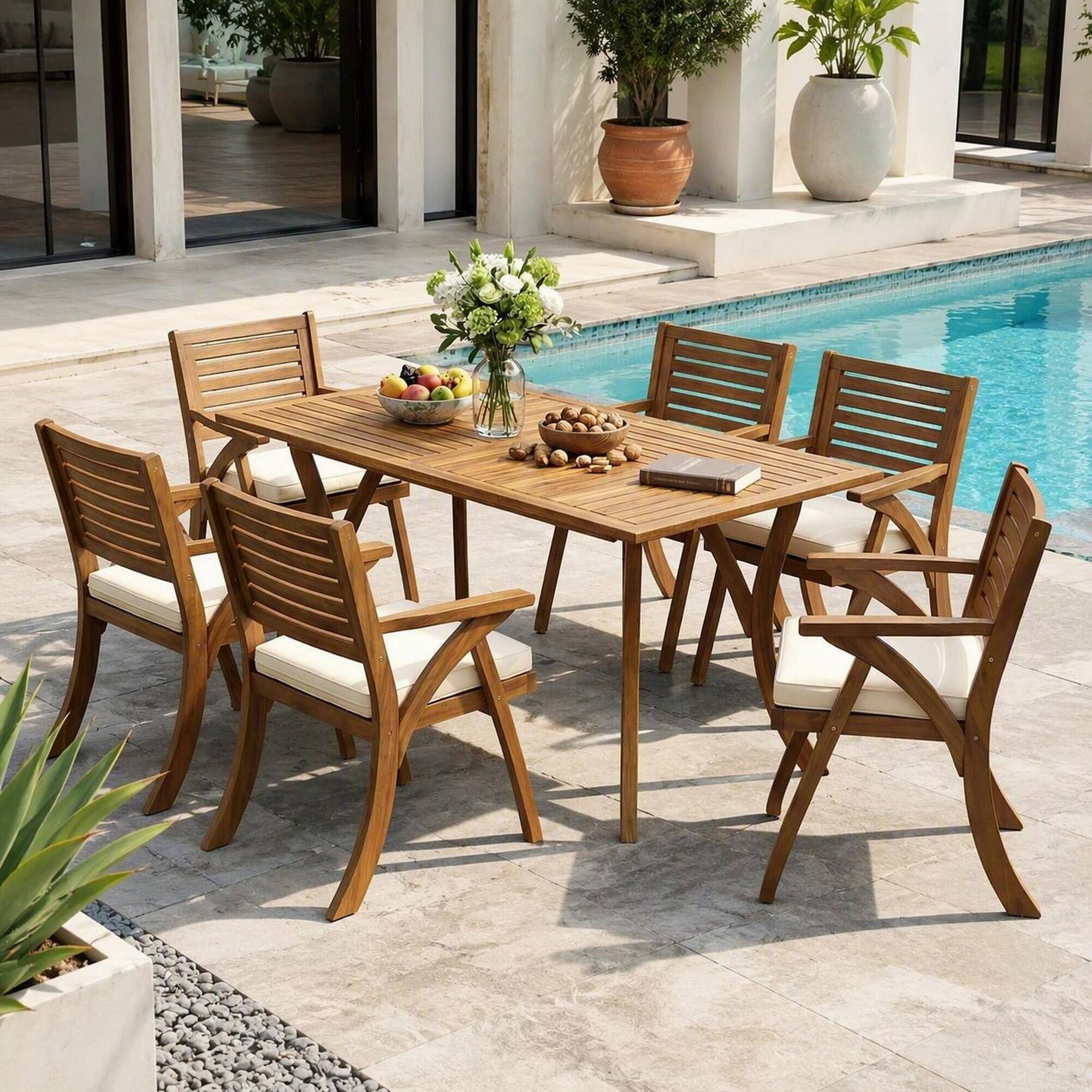 Alt View 1. RYHNUYNE - 7‑Piece Outdoor Teak Finish Wood Dining Set,Patio Furniture Dining Set with Rectangular Table & 6 Arm Chairs - Cream,Teak.