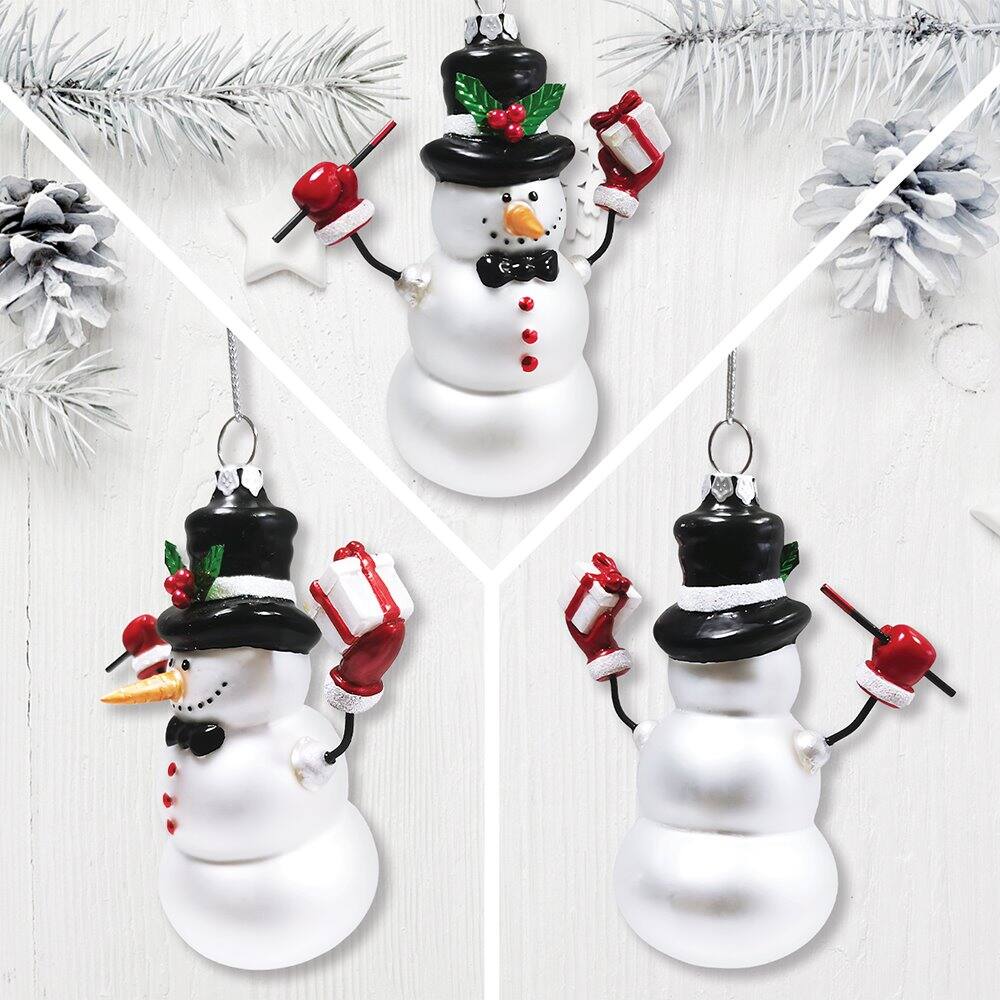 Back. OrnamentallyYou - Classic Winter Snowman Set of 4 Glass Christmas Ornaments Nostalgic Holiday Collection Set - Multi-colored.