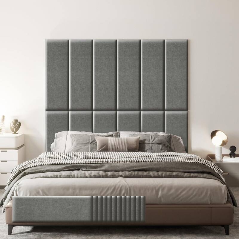 Front. wowmax - Peel & Stick Padded Headboard for King Bed - Self-Adhesive Gray Wall Panel, Easy DIY Installation (12-Pack, 35.4x11.8") - Grey.