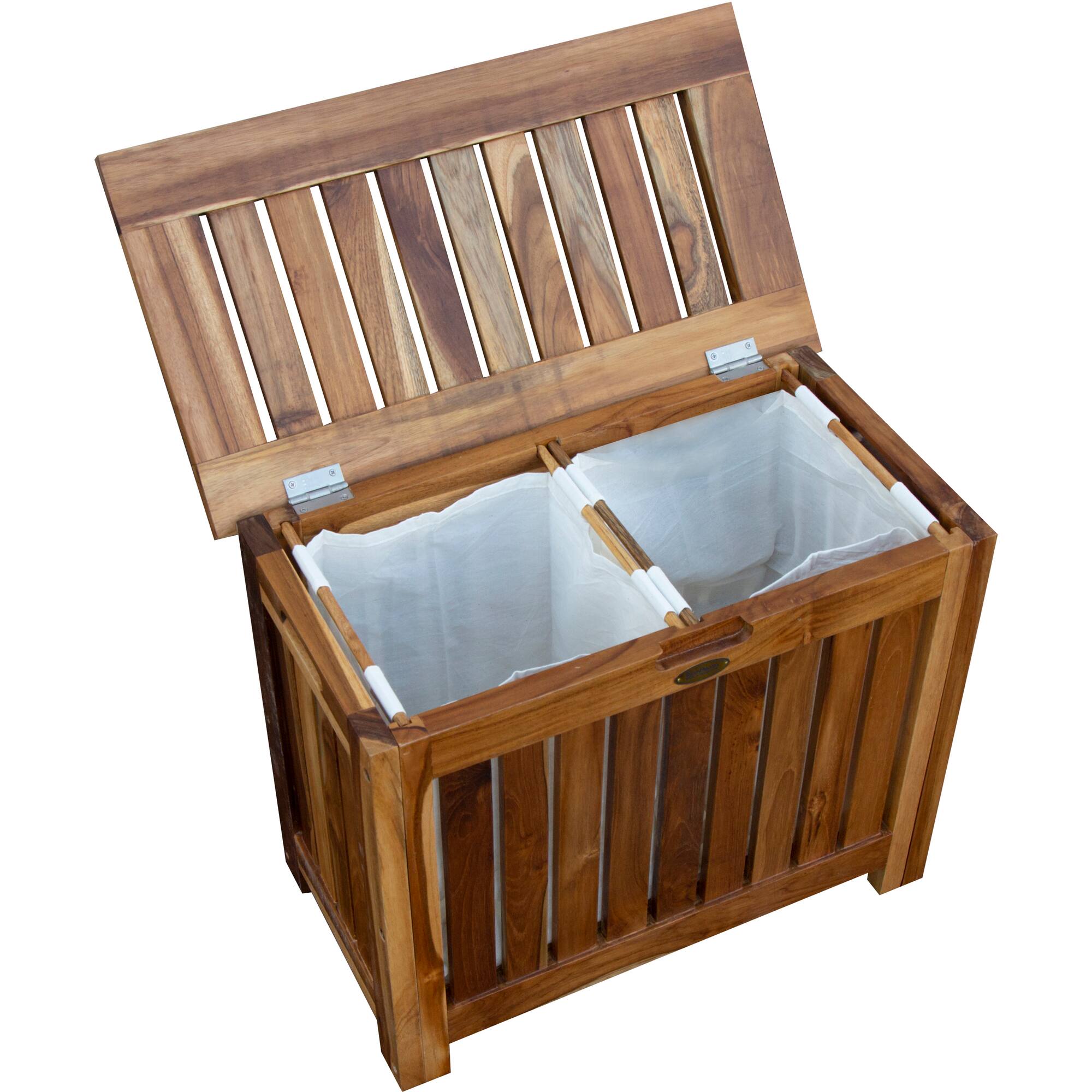 Angle. EcoDecors - EcoDecors® Eleganto® 23" Wide Teak Wood Double Laundry Storage Hamper with Removable Bags in EarthyTeak® Finish - EarthyTeak.