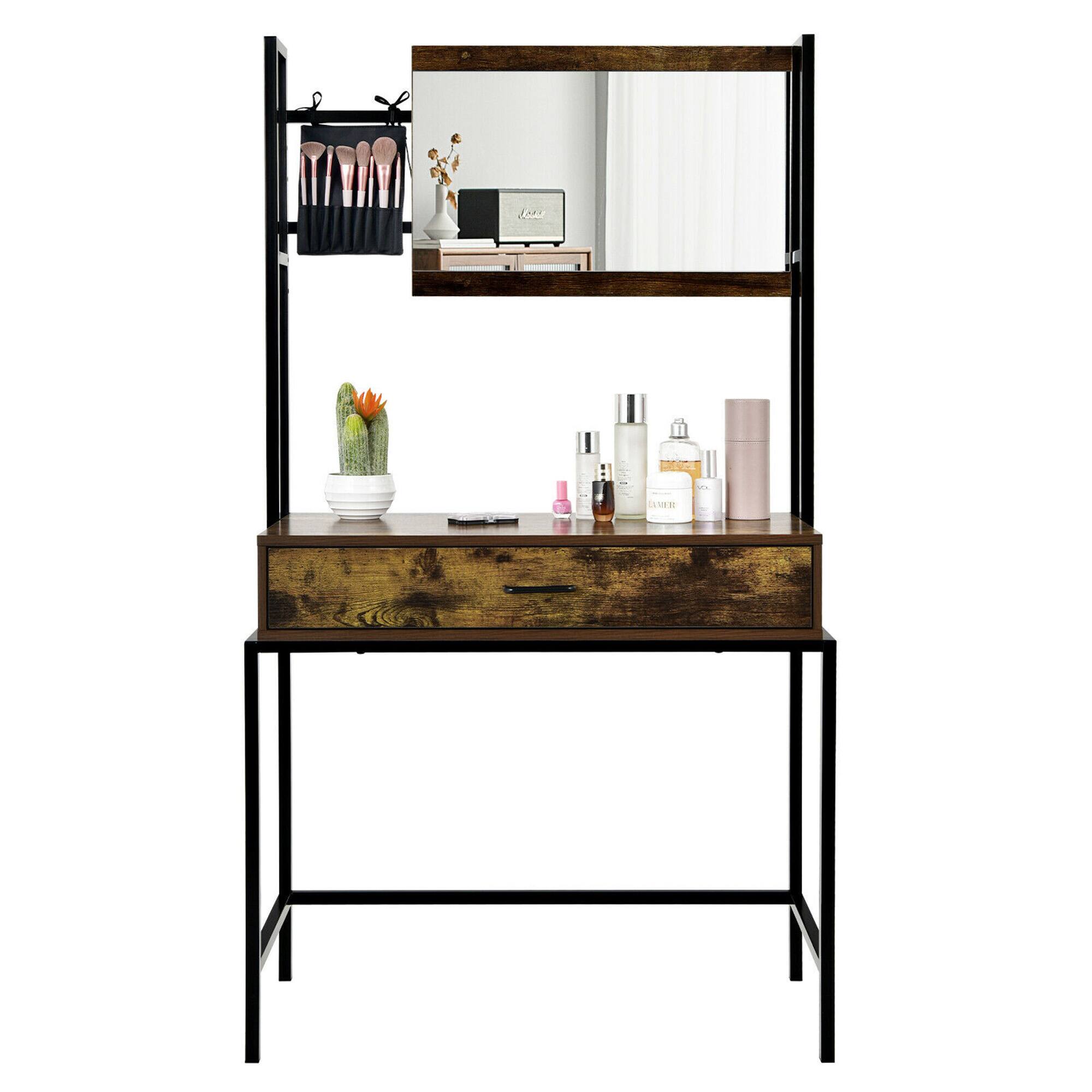 Alt View 2. Costway - Costway Industrial Vanity Table with 3-Height Adjustable Mirror Storage Bag Large Drawer - Rustic Brown,Black.
