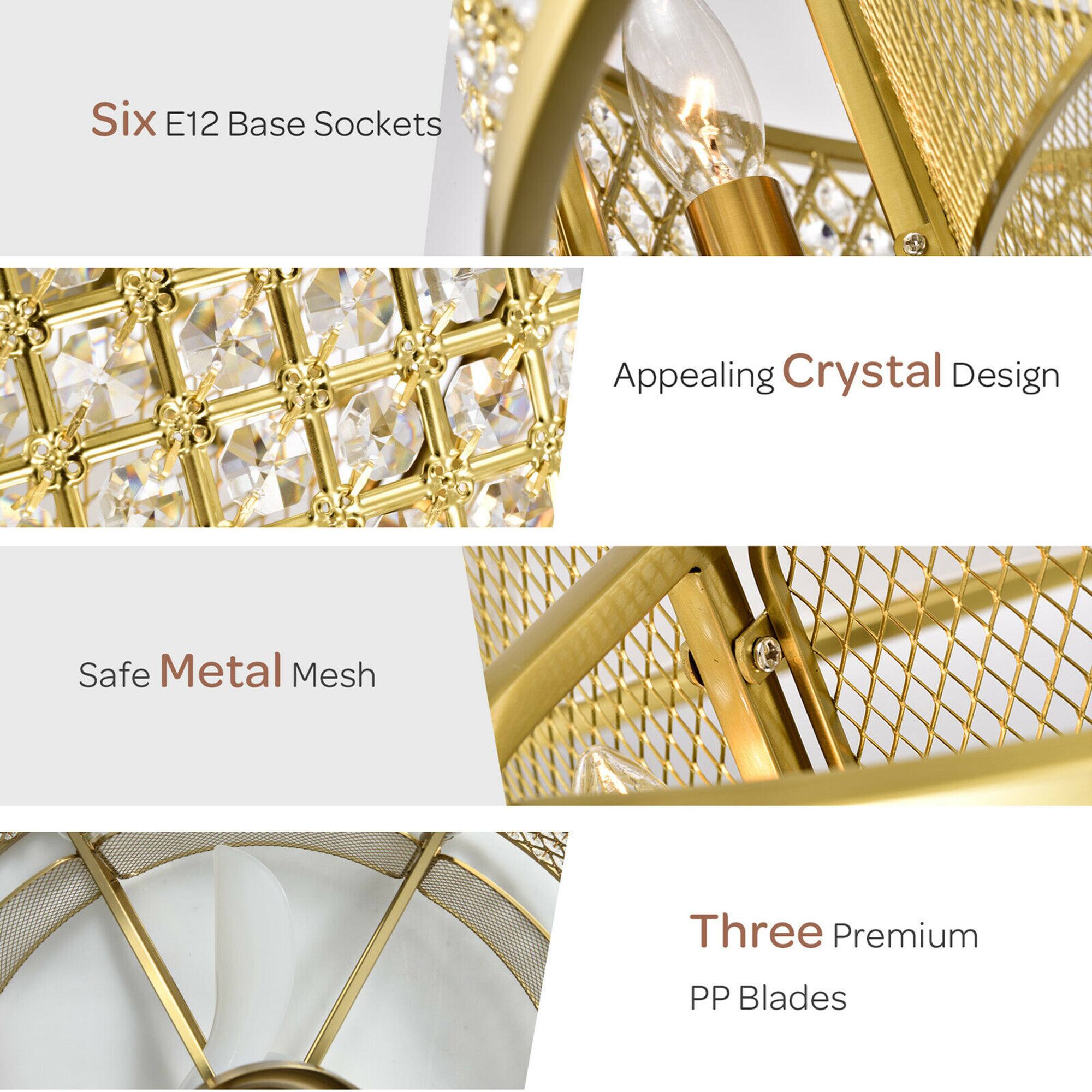 Six E12 Base Sockets  
Appealing Crystal Design  
Safe Metal Mesh  
Three Premium PP Blades