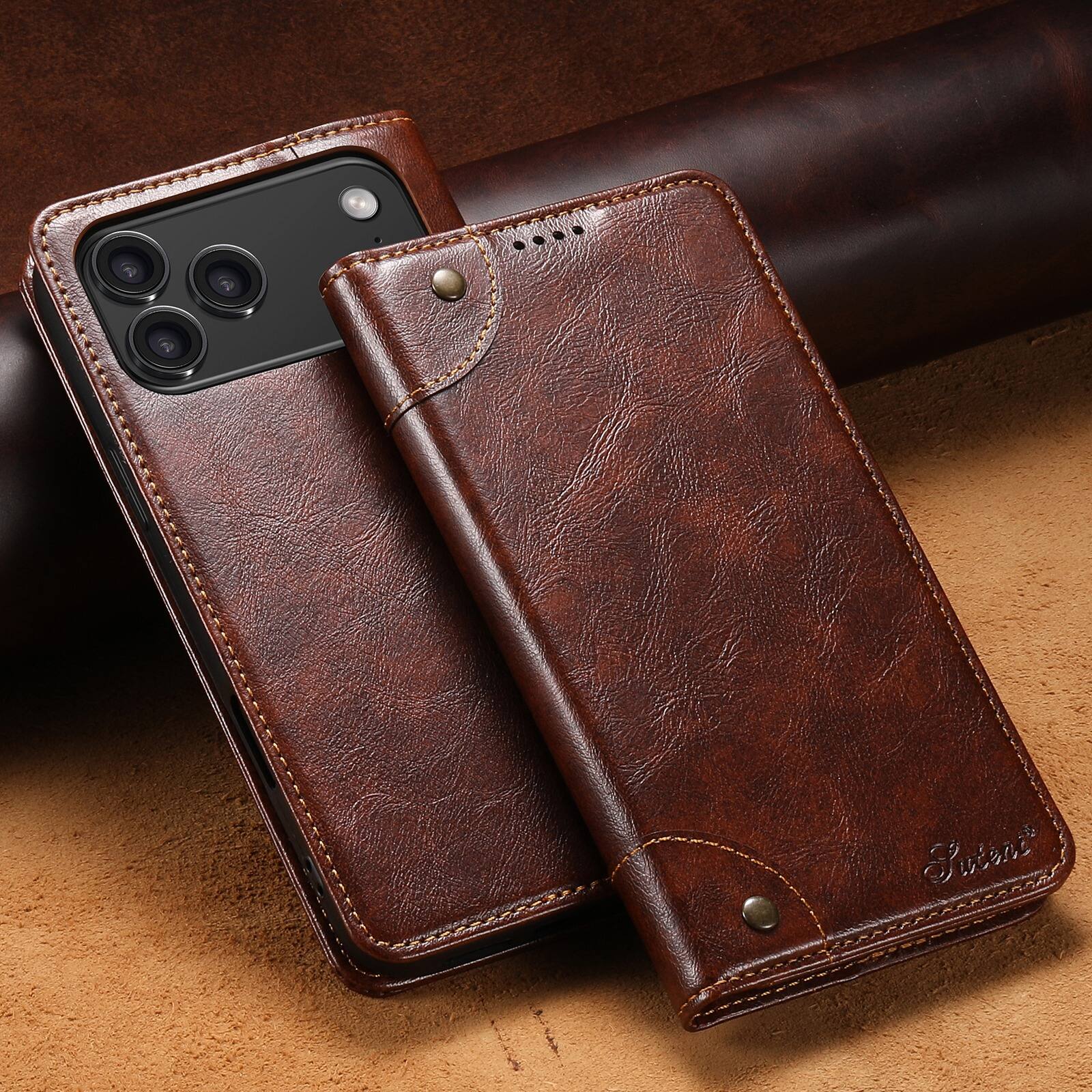 Angle. UUCOVER - Retro PU Leather Wallet Case for iPhone 18 Pro Max,Magnetic Card Slots / Cash Pocket Case Shockproof Kickstand Cover - Khaki.