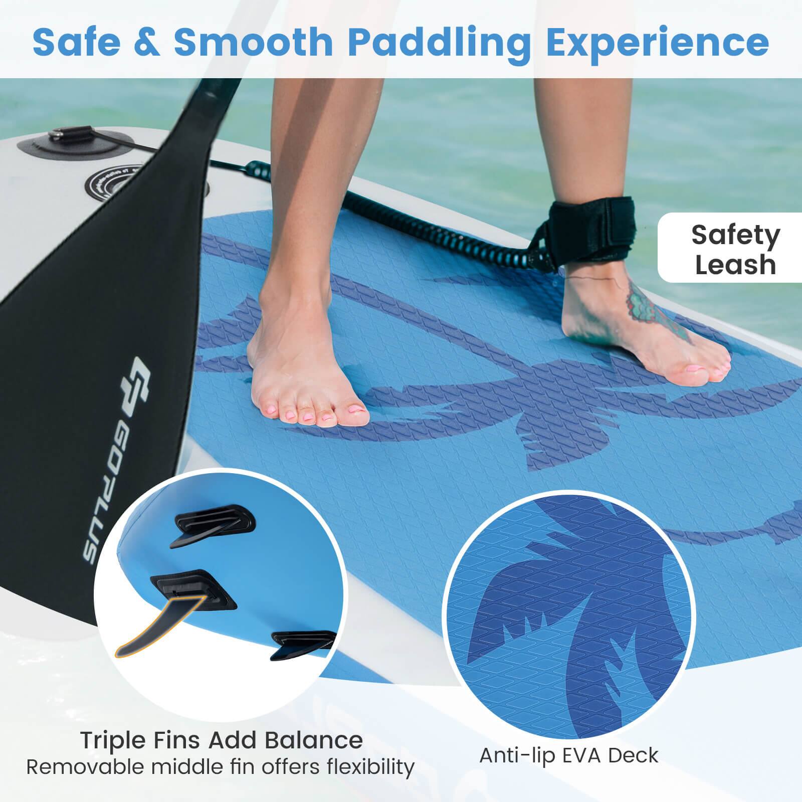 Safe & Smooth Paddling Experience: Safety Leash, Triple Fins Add Balance, Removable middle fin offers flexibility, Anti-lip EVA Deck.
