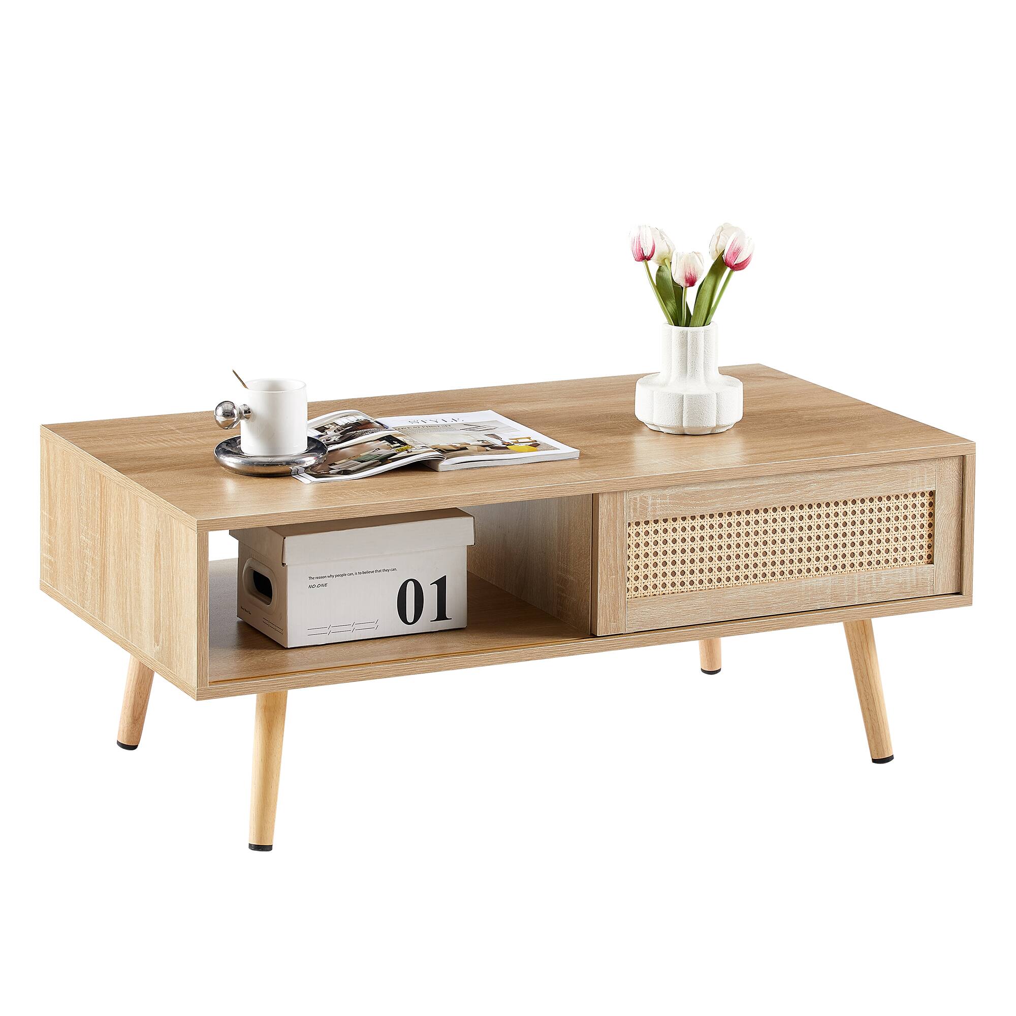 Back. Z-Edge - Mid-Century Modern Coffee Table with Storage, Rectangle Wooden Center Tables with Sliding Rattan Door for Living Room - Natural.