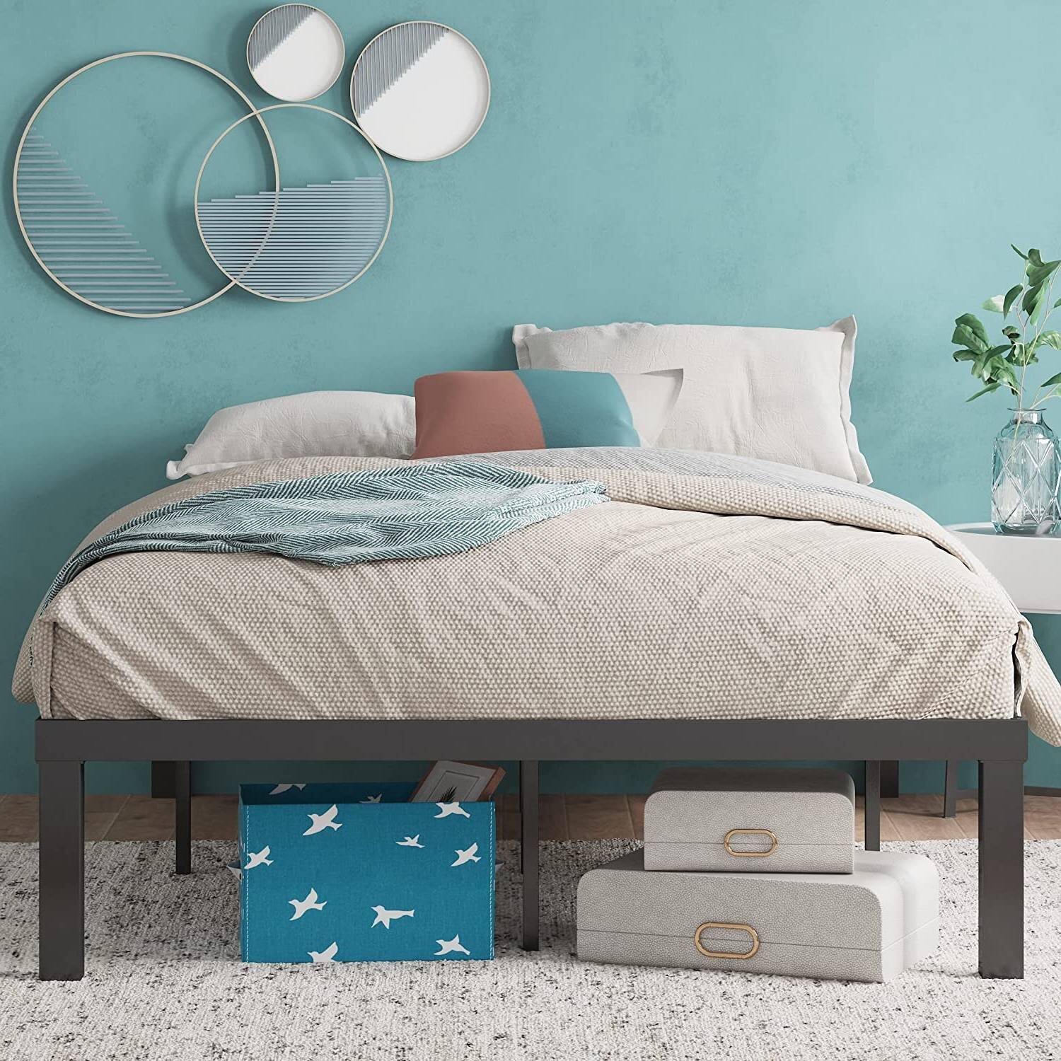 Back. Hivvago - Full size Modern 16-inch Heavy Steel Metal Platform Bed Frame - Black.