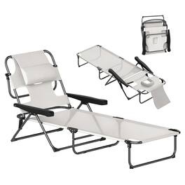 Outsunny - Tanning Chaise Lounge Chair, 4-Position Beach Chair with Face & Arm Holes, Pillow headrest, Adjustable Sunbathing Chair - Cream White
