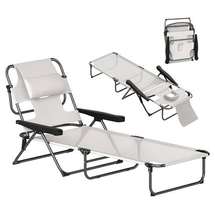 Front. Outsunny - Tanning Chaise Lounge Chair, 4-Position Beach Chair with Face & Arm Holes, Pillow headrest, Adjustable Sunbathing Chair - Cream White.