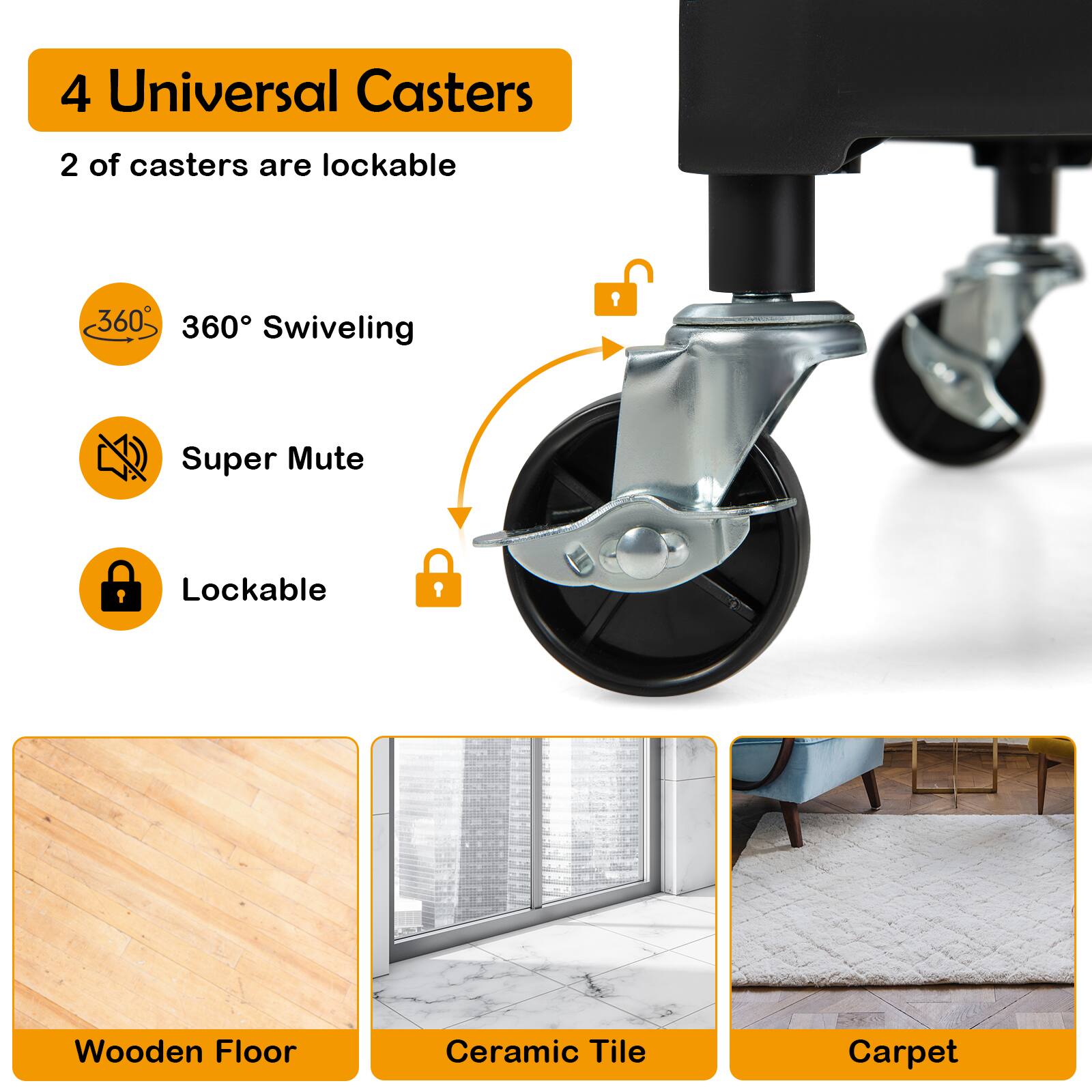 4 Universal Casters  
2 of casters are lockable  

360° Swiveling  
Super Mute  
Lockable  

Wooden Floor  
Ceramic Tile  
Carpet