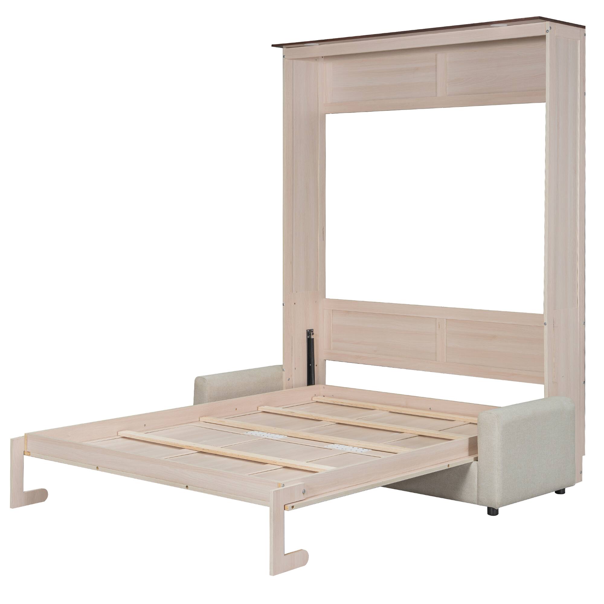 Alt View 2. Whisen - Queen Size Murphy Bed with Integrated Sofa and LED Lights, Space-Saving Foldable Bed Frame - Beige.
