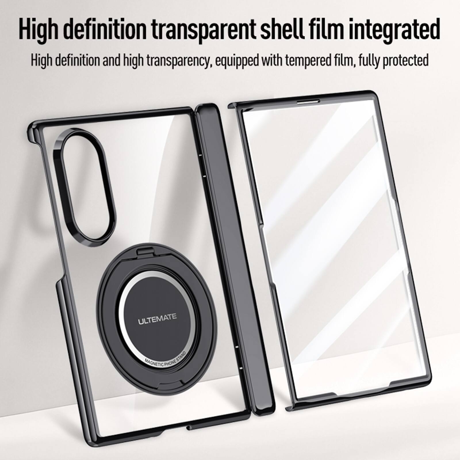 High definition transparent shell film integrated  
High definition and high transparency, equipped with tempered film, fully protected  

ULTIMATE  
MAGNETIC PHONE STAND