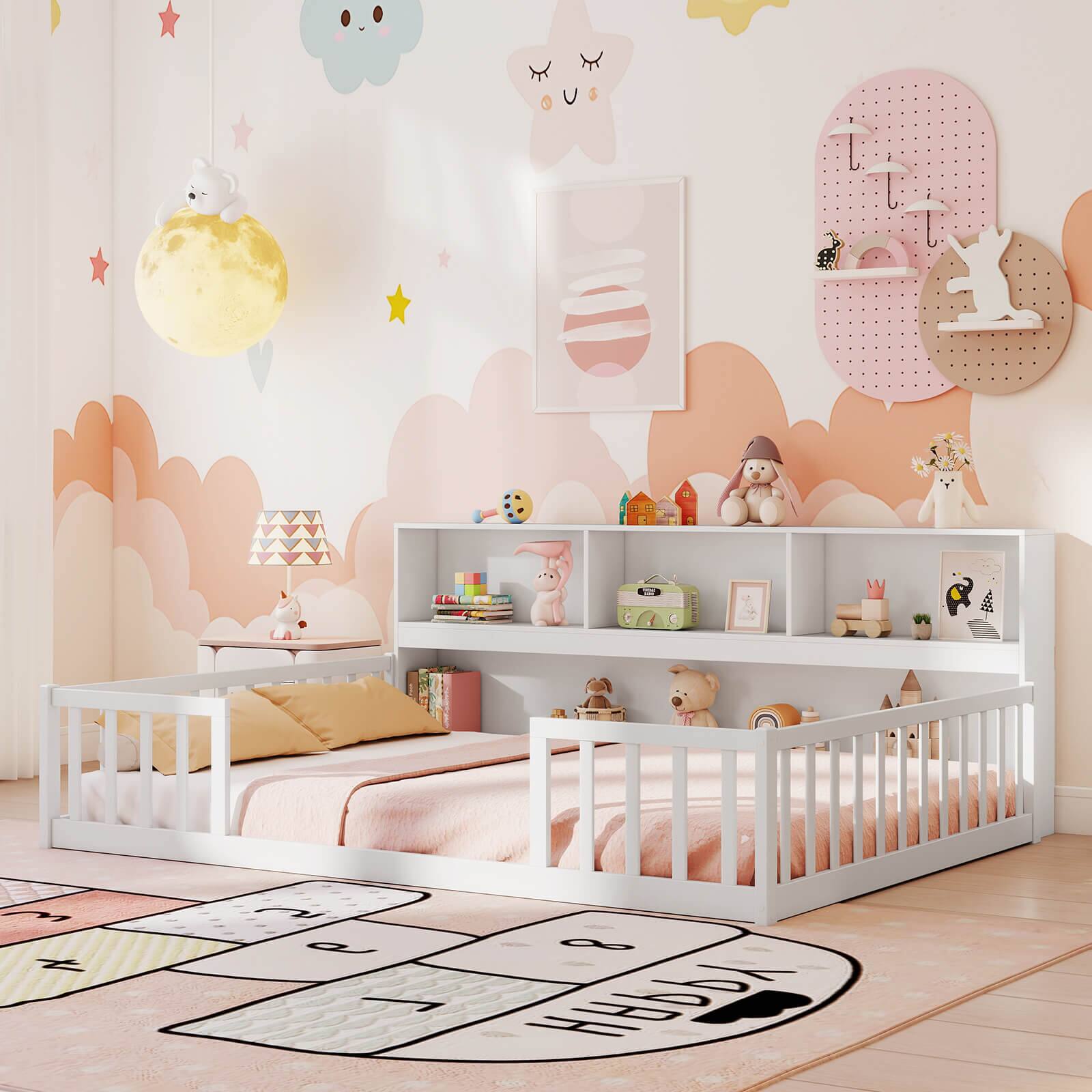 Alt View 4. Costway - Costway Full Size Montessori Floor Bed with Bookcase Storage Shelves & Safety Fence Rails White - White.