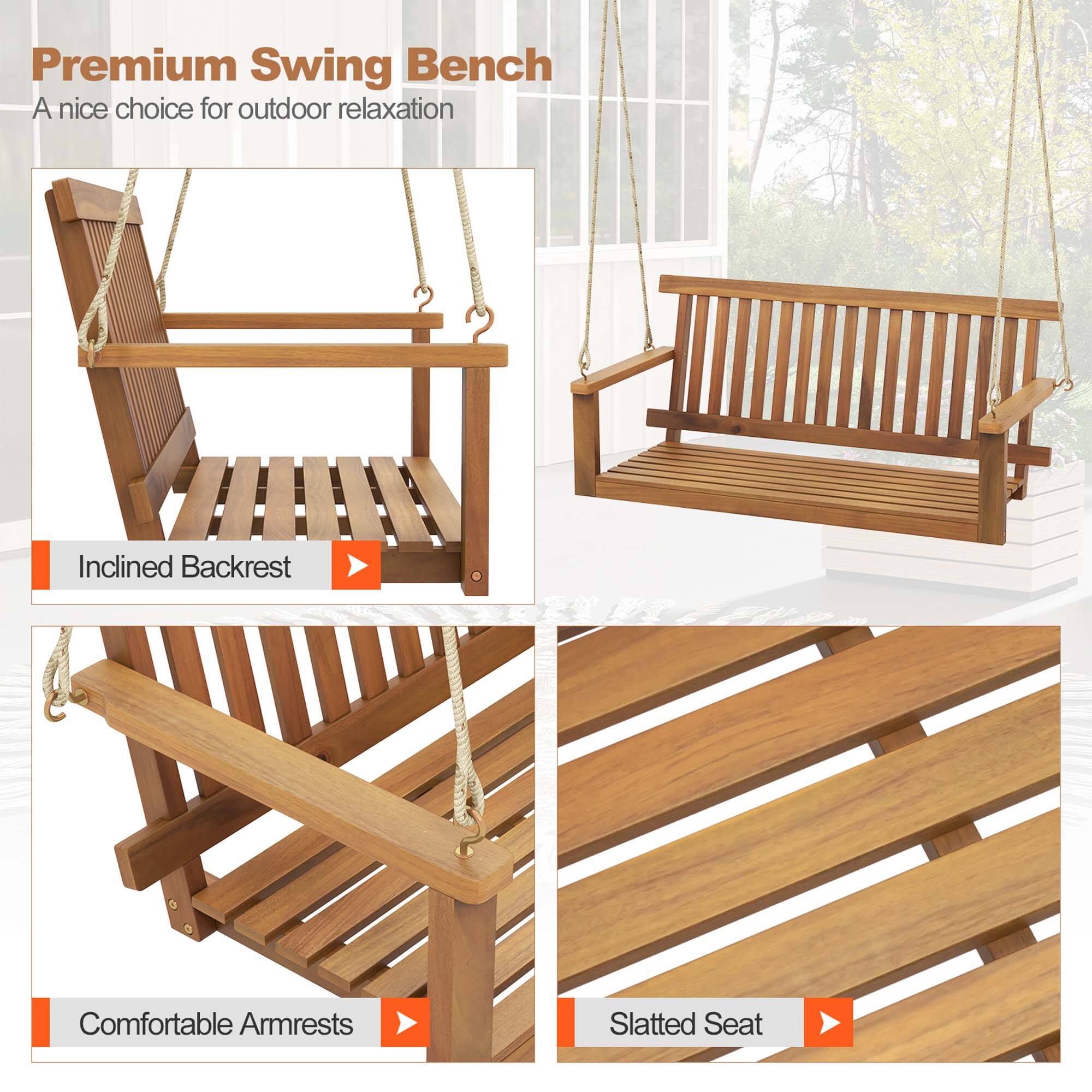 Premium Swing Bench
A nice choice for outdoor relaxation
Inclined Backrest
Comfortable Armrests
Slatted Seat