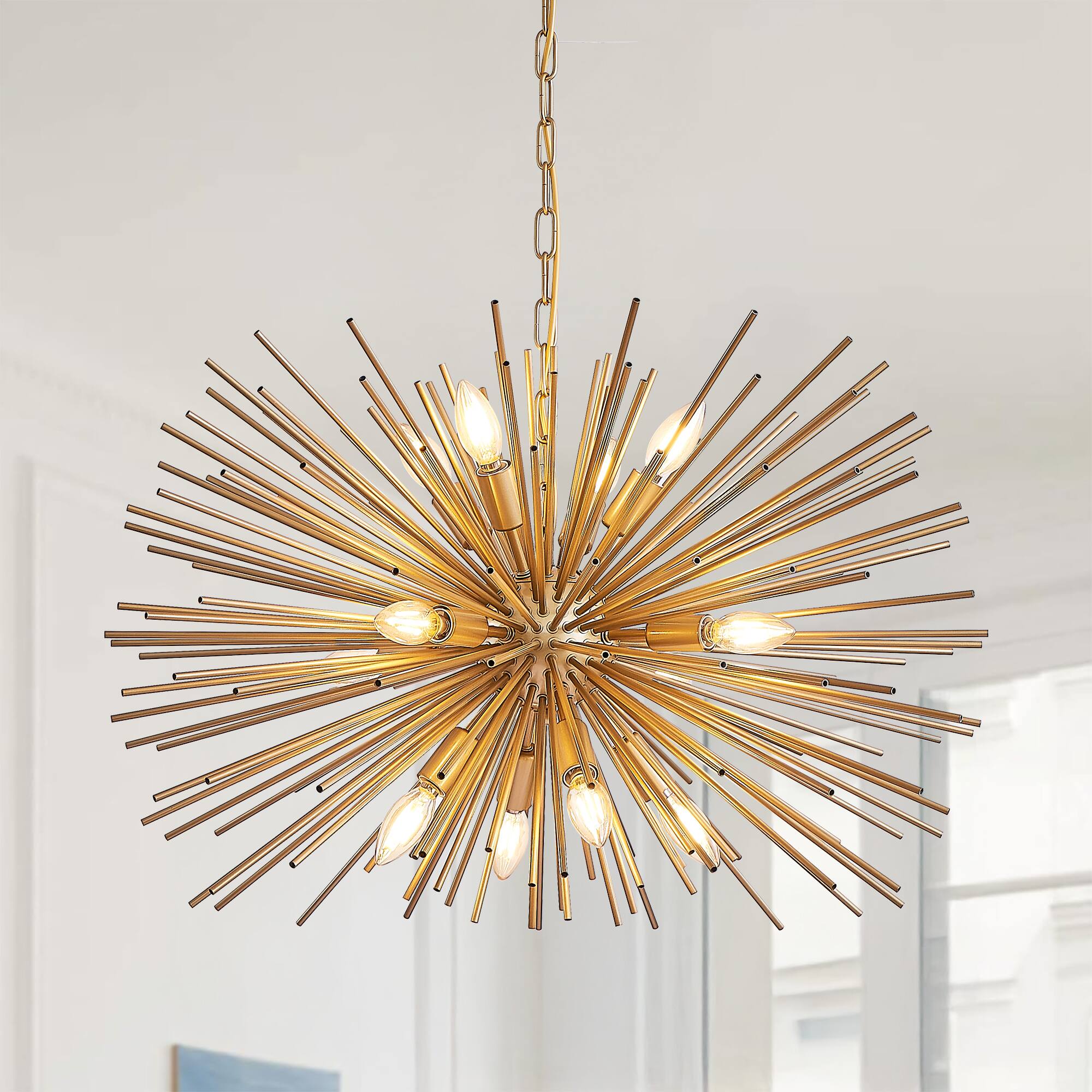 Front. APRILSOUL - 29 Inch Mid-Century Modern 12-Light Starburst Chandelier Gold Sputnik Pendant Light Fixture Bulb Not Included.