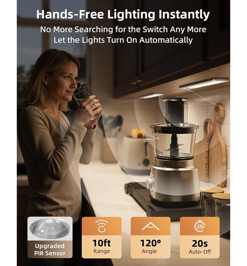 Hands-Free Lighting Instantly  
No More Searching for the Switch Any More  
Let the Lights Turn On Automatically  

Upgraded PIR Sensor  
10ft Range  
120° Angle  
20s Auto-Off