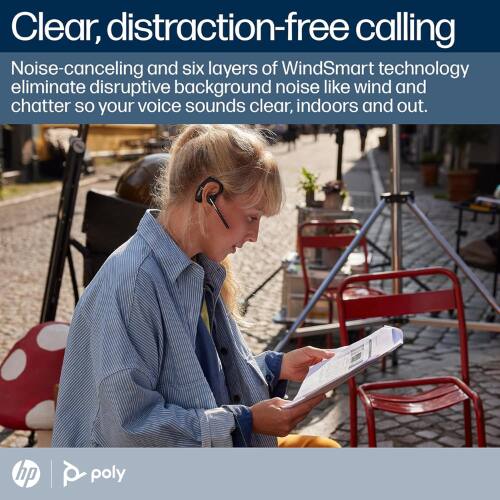 Clear, distraction-free calling  
Noise-canceling and six layers of WindSmart technology eliminate disruptive background noise like wind and chatter so your voice sounds clear, indoors and out.  

hp | poly