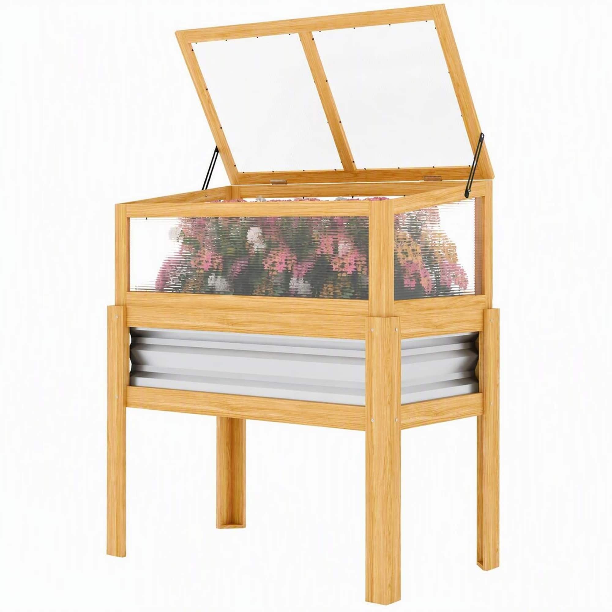 RYHNUYNE - Raised Garden Bed with Flip-Up Greenhouse Cold Frame, Natural Fir Wood and Galvanized Steel Planter Box on Legs - Natural Wood