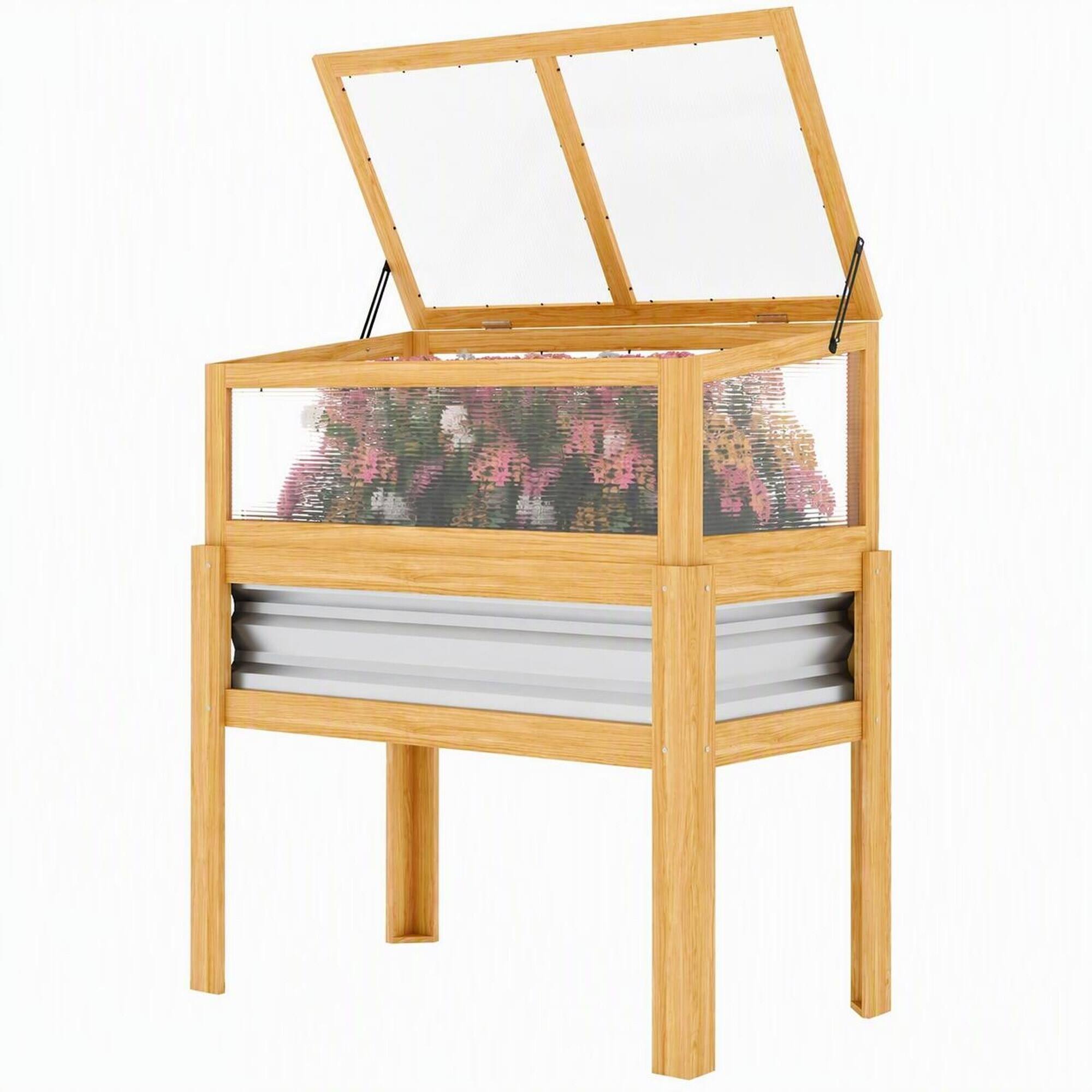 Front. RYHNUYNE - Raised Garden Bed with Flip-Up Greenhouse Cold Frame, Natural Fir Wood and Galvanized Steel Planter Box on Legs - Natural Wood.