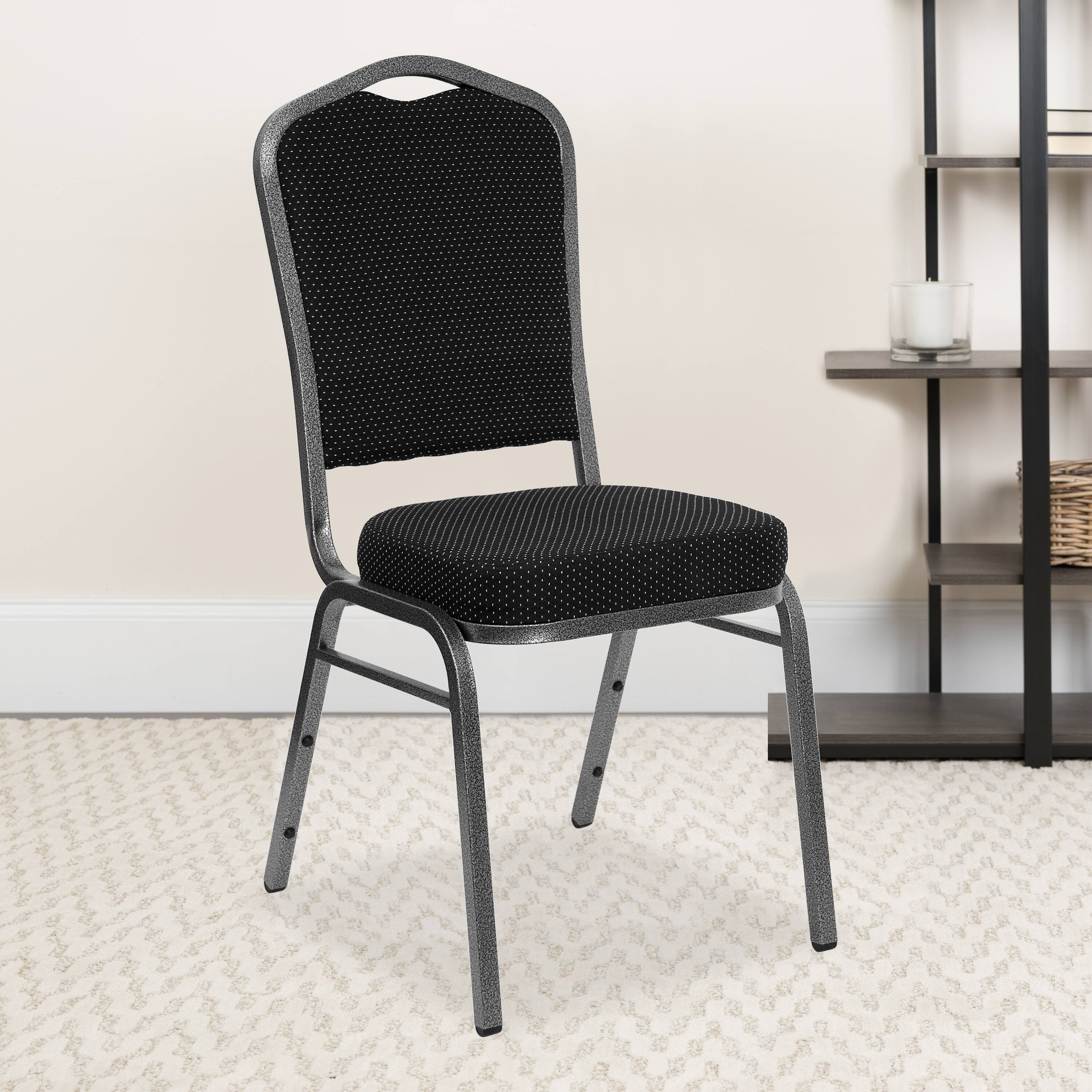 Alt View 2. Emma + Oliver - 4 Pack Crown Back Stacking Banquet Chair - Black Dot Patterned Fabric/Silver Vein Frame.
