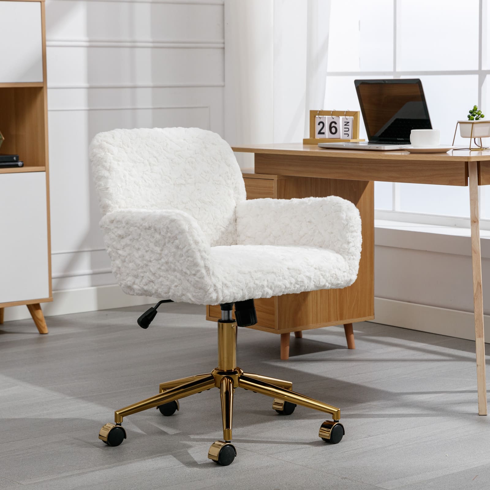 Z-Edge - Modern Home Office Desk Chair with Golden Metal Base, Adjustable Height, 360 Degree Swivel, Smooth-Rolling Wheels - White