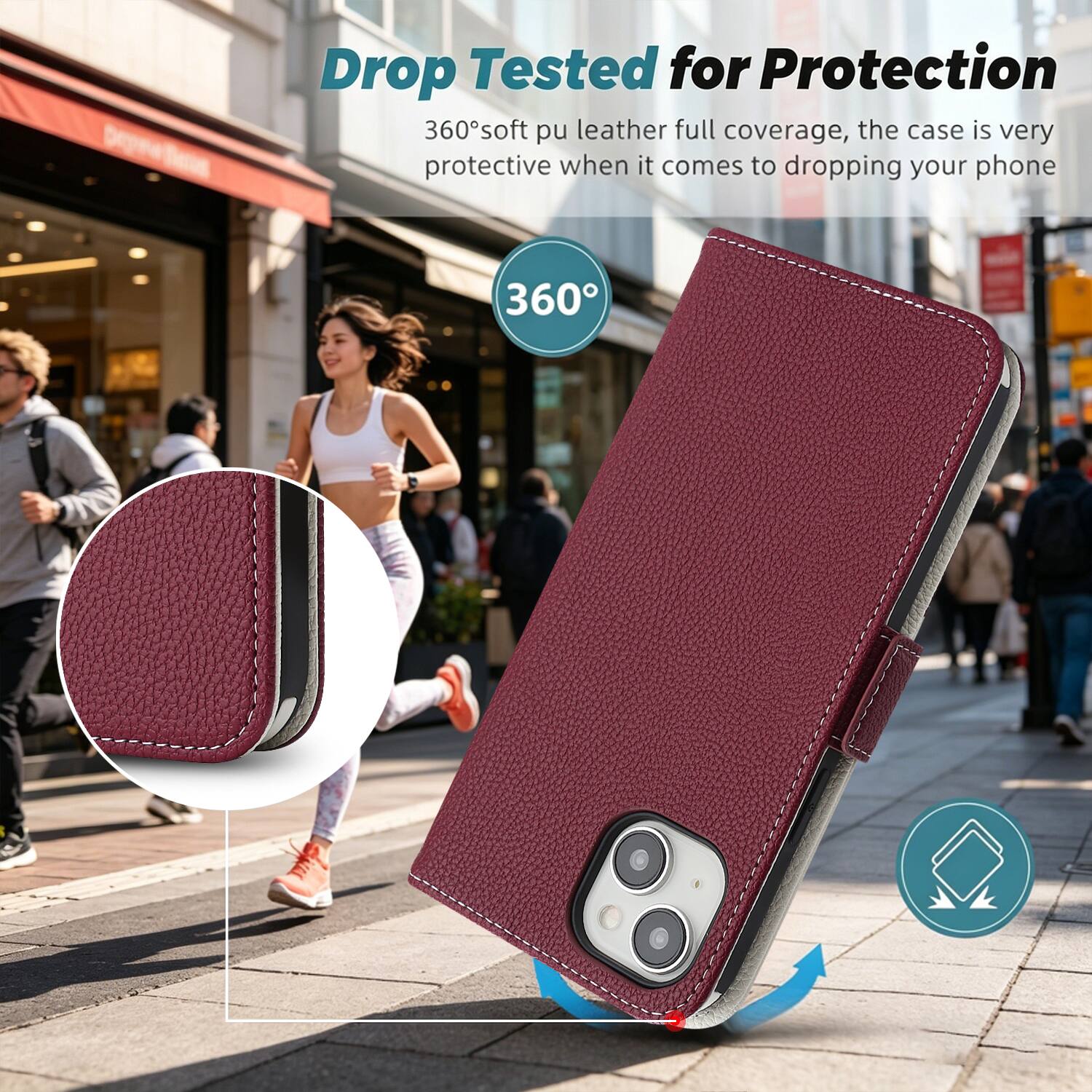 Drop Tested for Protection  
360° soft pu leather full coverage, the case is very protective when it comes to dropping your phone