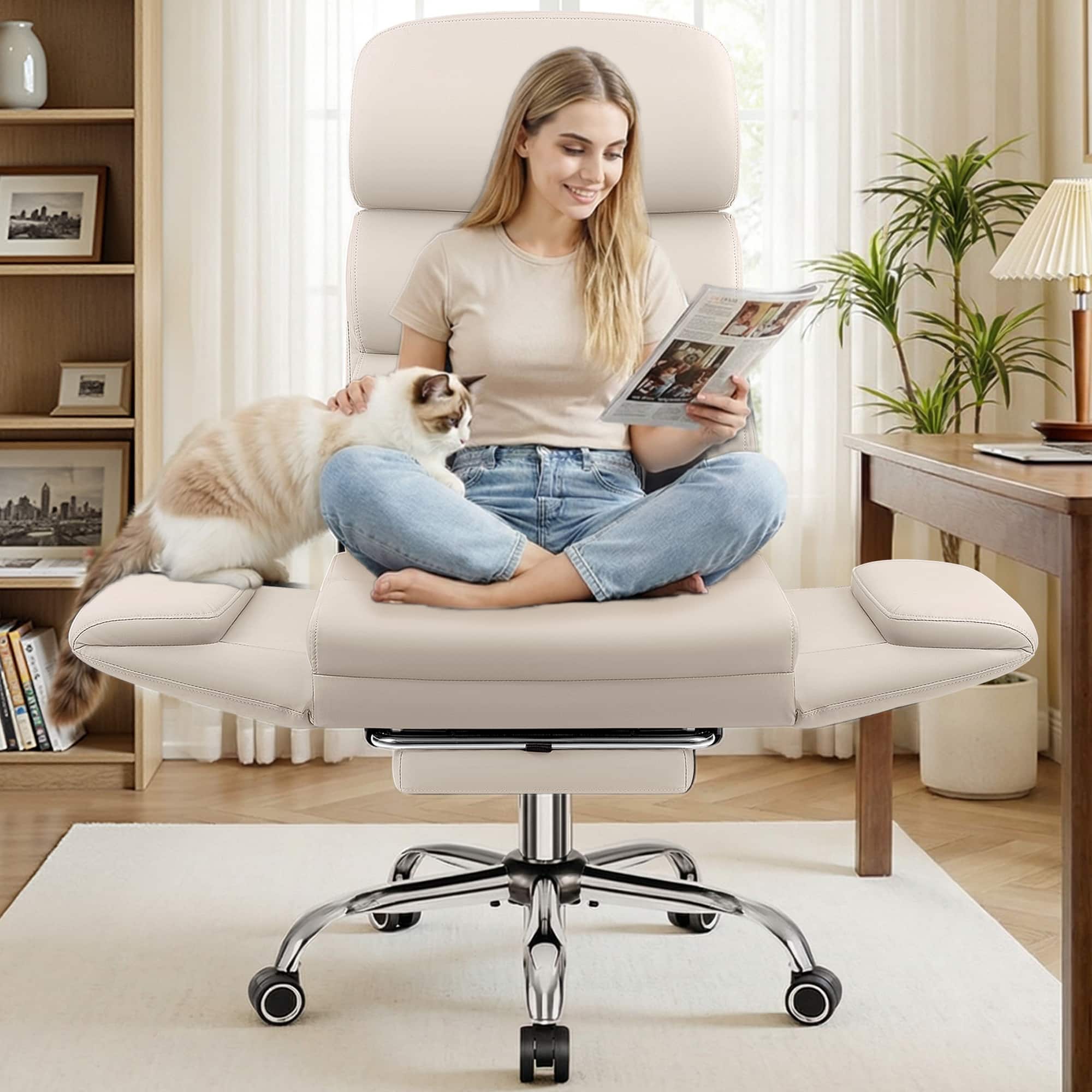 Front. KERDOM - Big Tall Desk Chair with Reversible Arms, PU Leather Executive Manager Boss Chair with Lifting Headrest & Lumbar Pillow - Beige.