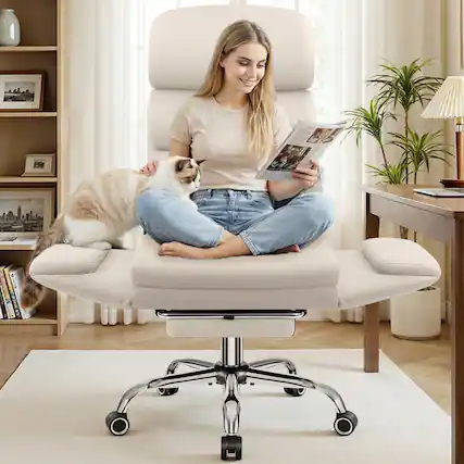 Front. KERDOM - Big Tall Desk Chair with Reversible Arms, PU Leather Executive Manager Boss Chair with Lifting Headrest & Lumbar Pillow - Beige.