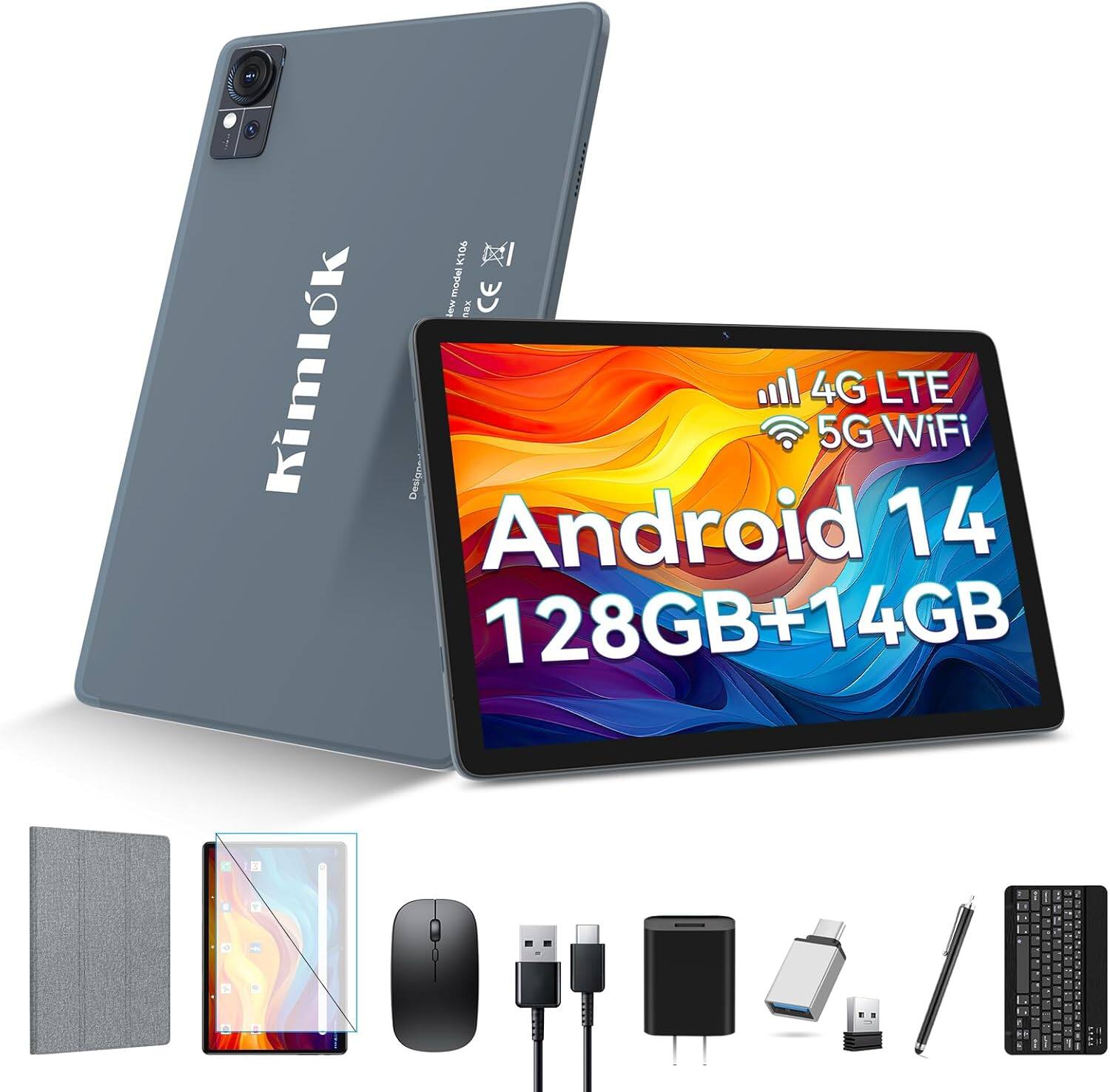 Kimlok - Tablet 10 inch Android 14 Tablets 2025 Latest Octa-Core Tableta, 128GB+14GB+1TB Expand, Android Tablets with Keyboard - Gray
