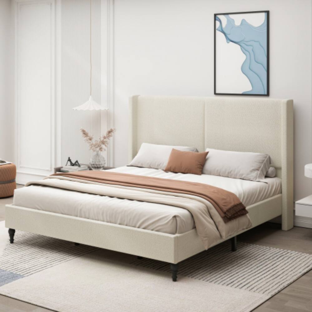 LUCKY ONE - King Size Upholstered Bed Frame with High-Back Tufted Headboard - No Box Spring Needed - Beige