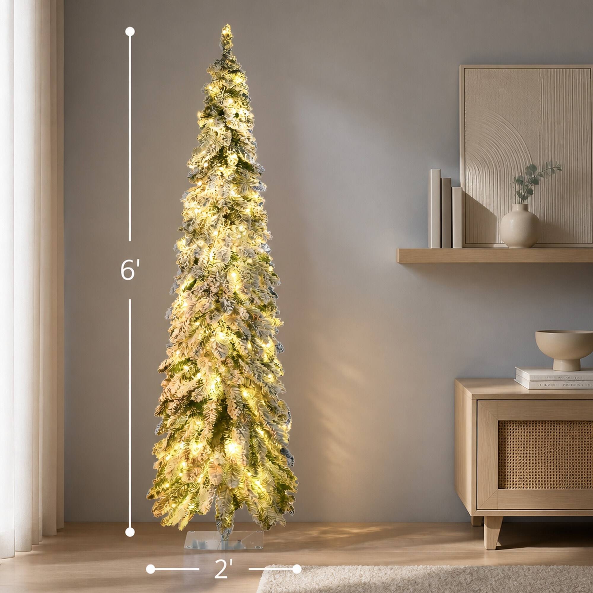 Alt View 3. RYHNUYNE - Pre-Lit Slim Flocked Christmas Tree With Warm White or Colorful LED Lights and Snow Frosted Branches - Green.